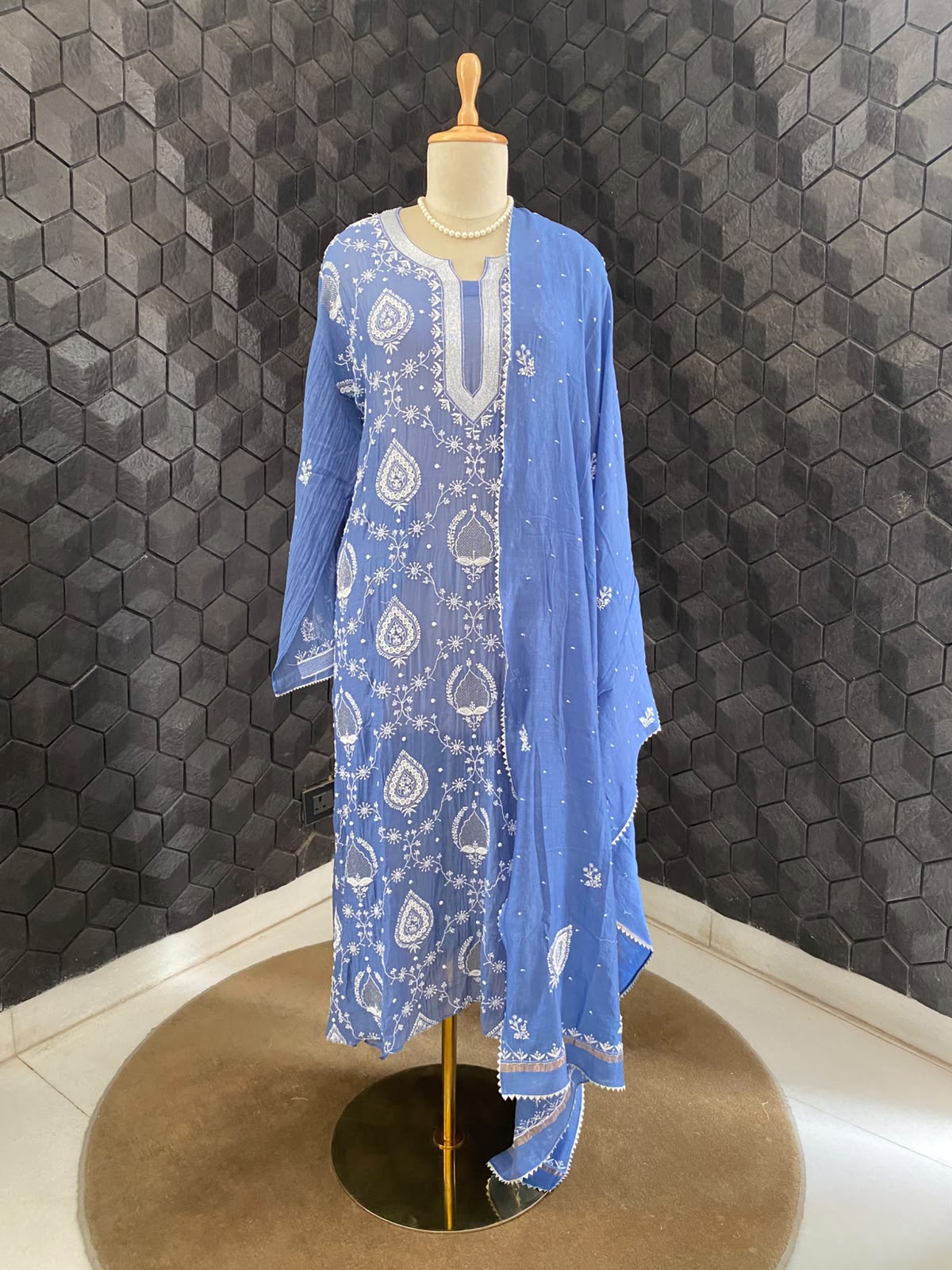 Cobalt Blue Mul Chanderi Chikankari Kurta Set