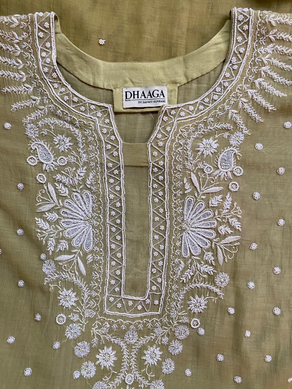 olive green ombre Mul Chanderi Chikankari Kurta Set