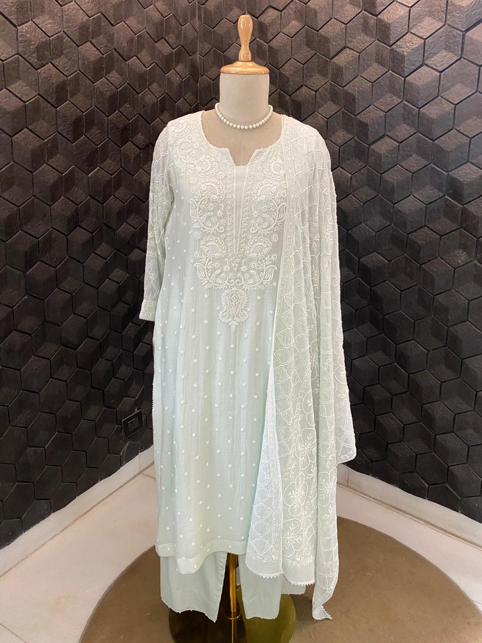 Sea Green Mul Chanderi Chikankari Kurta Set