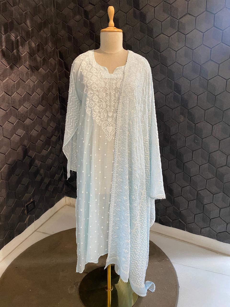 Sky Blue Mul chanderi chikankari kurta set