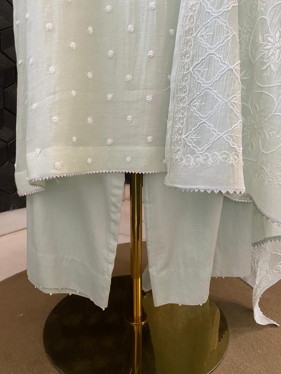 Sea Green Mul Chanderi Chikankari Kurta Set