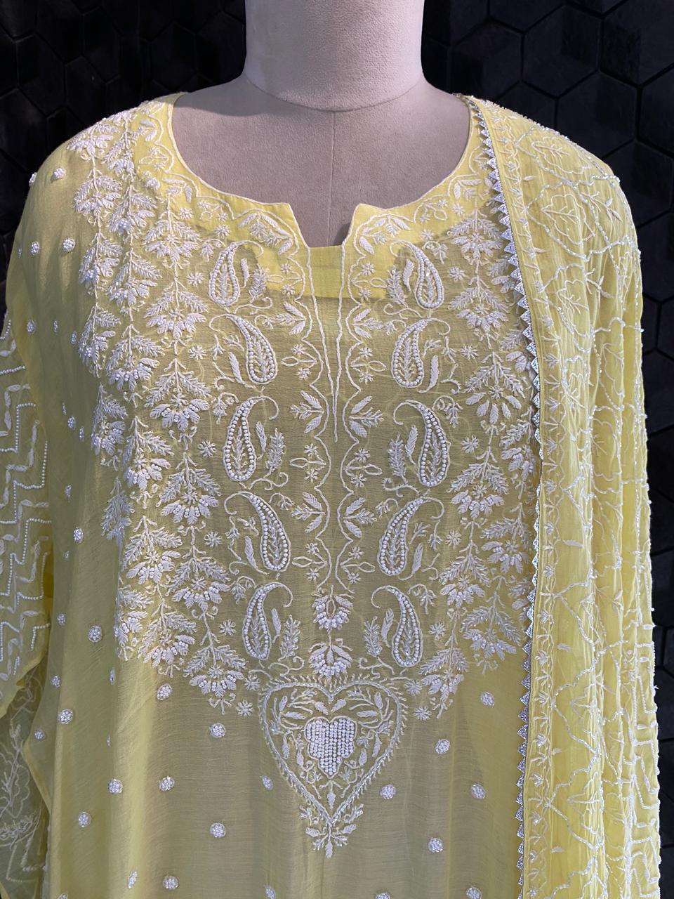 yellow mul chanderi chikankari kurta set
