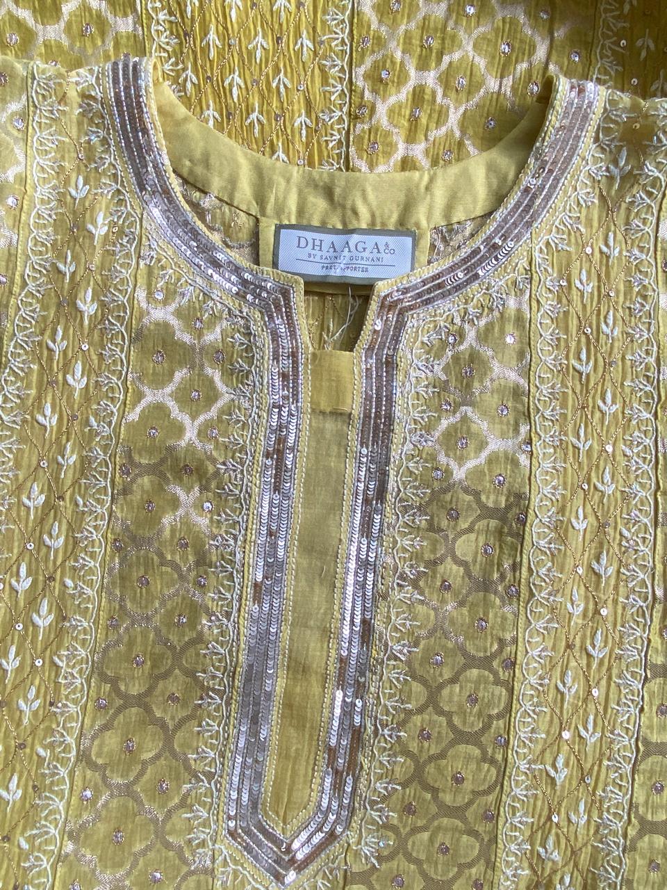 yellow mul chanderi chikankari Anarkali kurta set