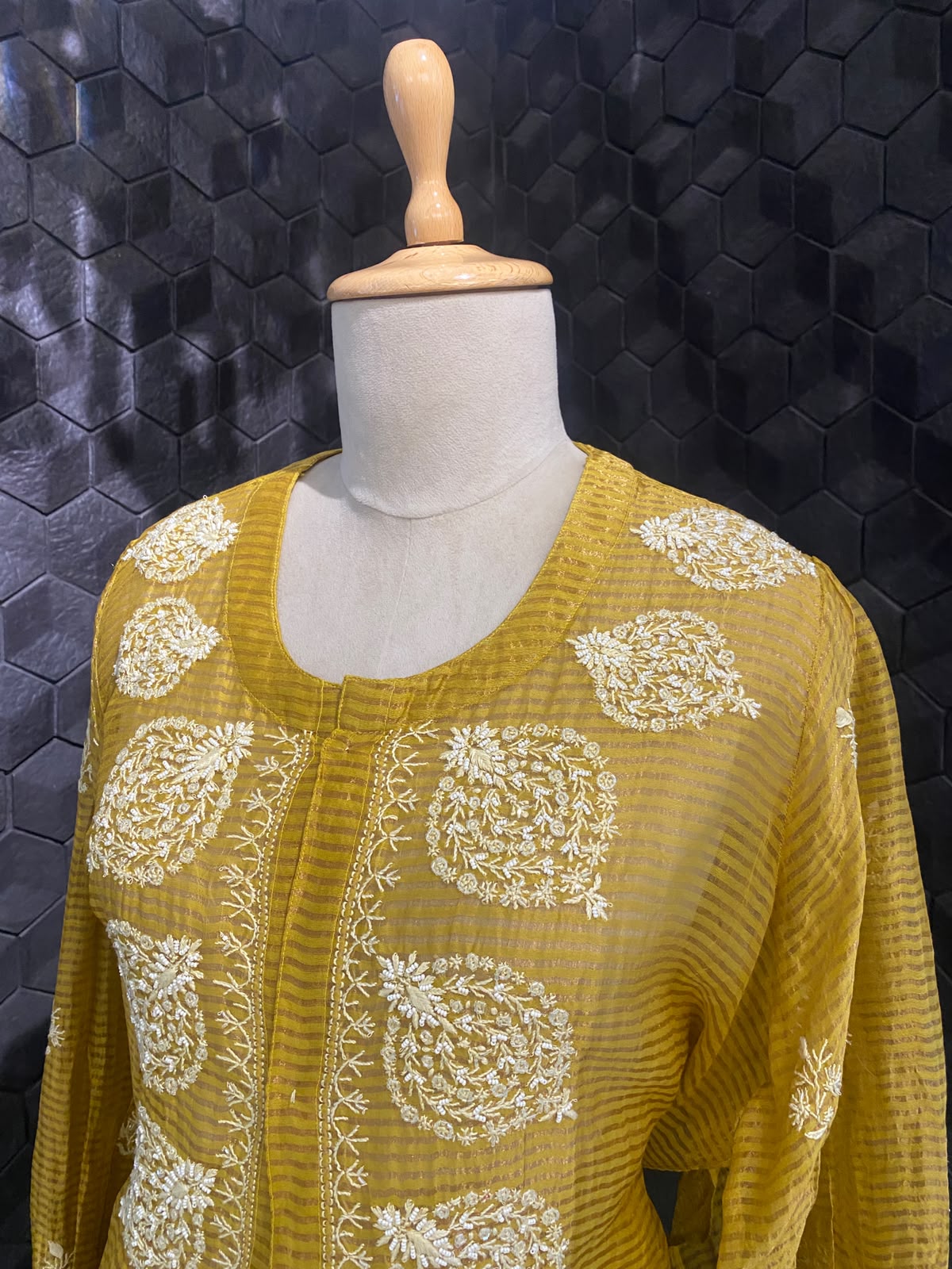 Musterd Yellow striped tissue chikankari shirt