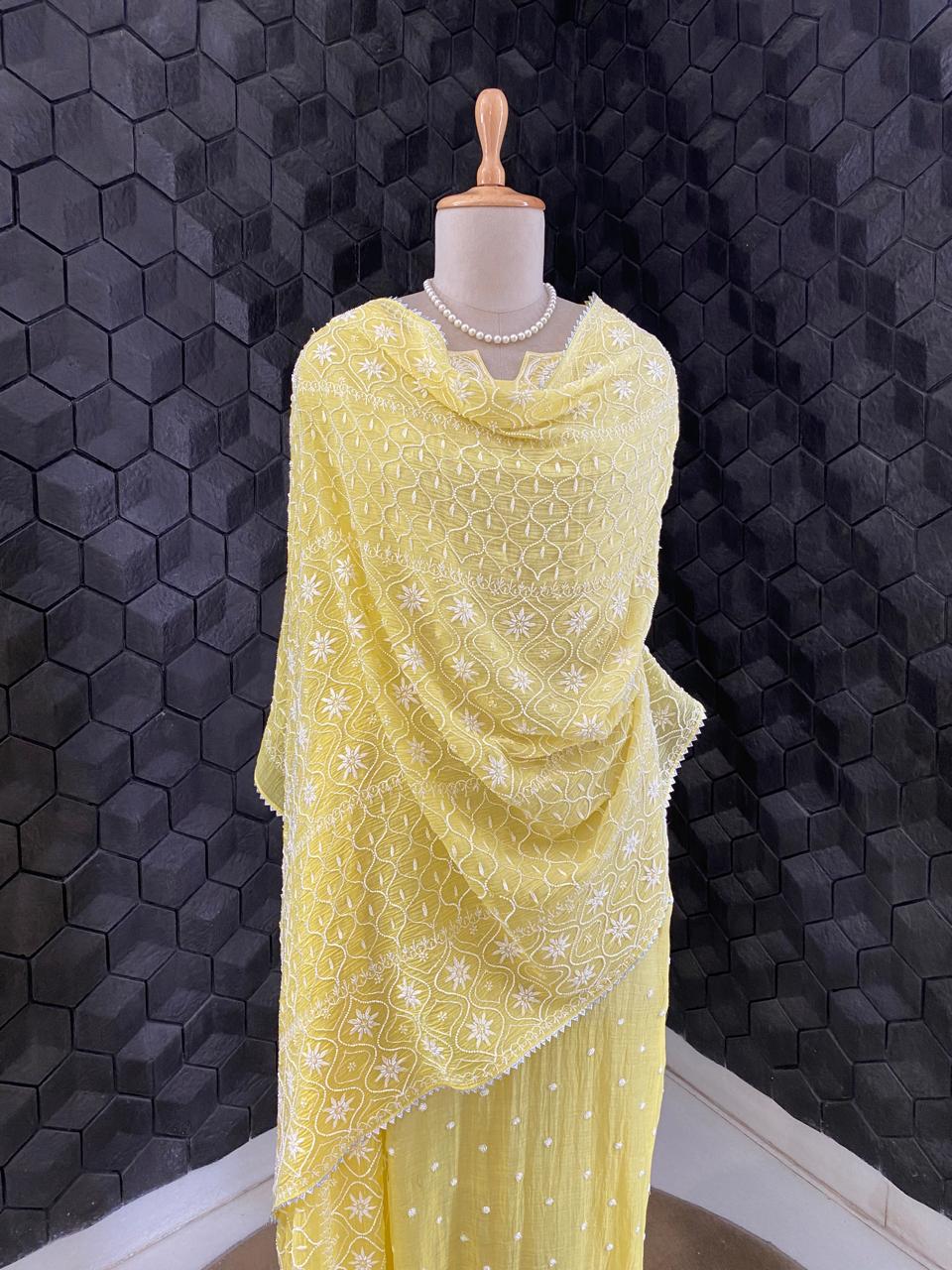 Yellow Mul Chanderi Chikankari Kurta Set