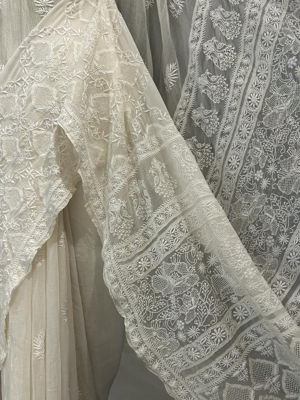 Premium White Chiffon Chikankari Saree With Statement Chikankari Jaal