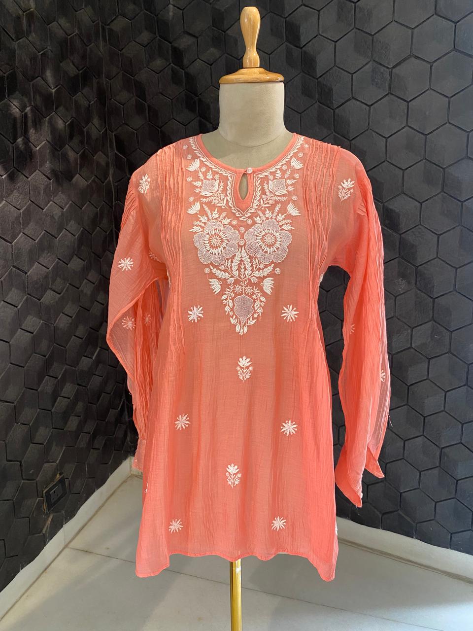 coral pink Mul Chanderi Chikankari Co-Ord Set