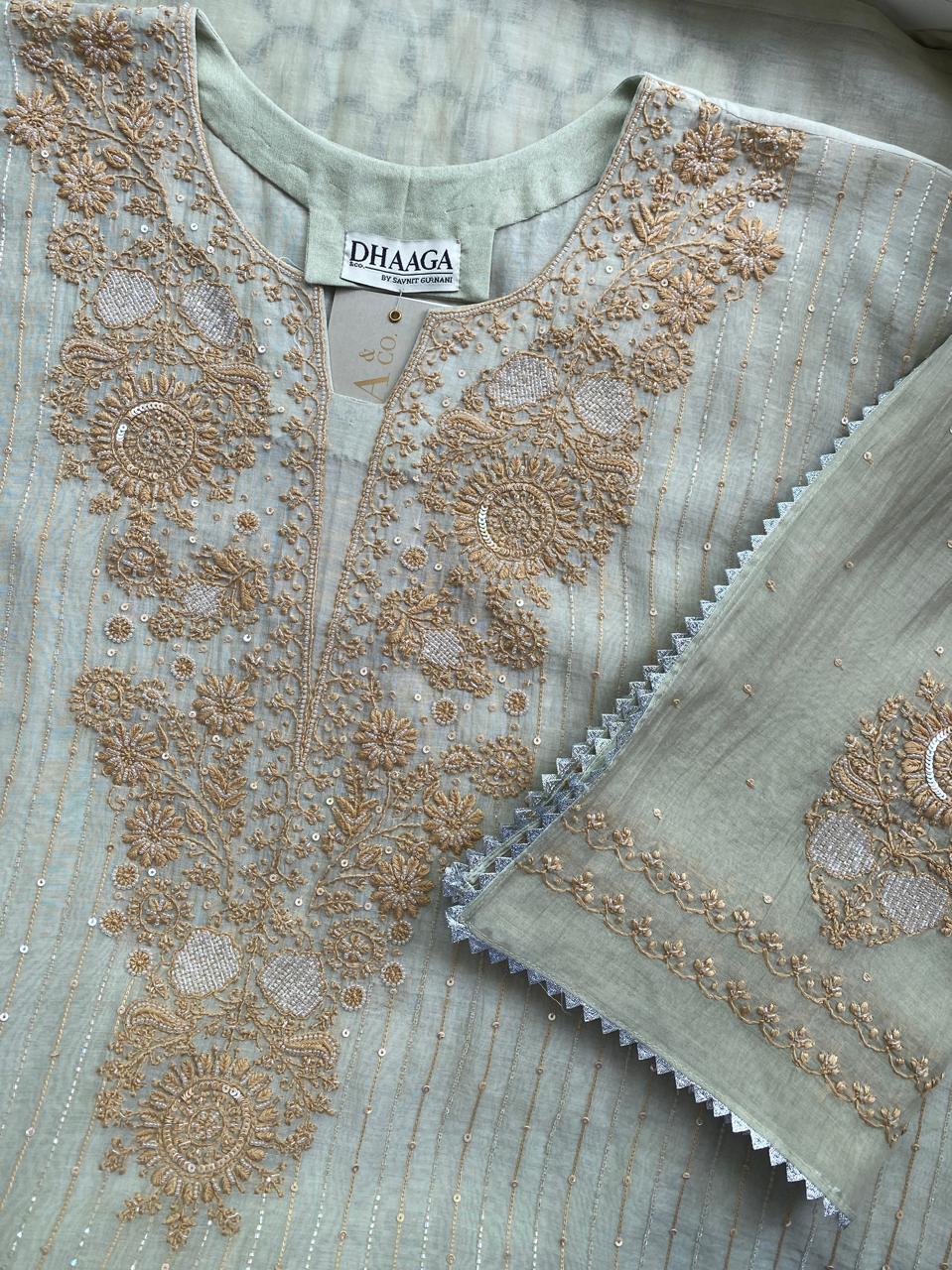Pista Green Mul Chanderi Chikankari Kurta Set