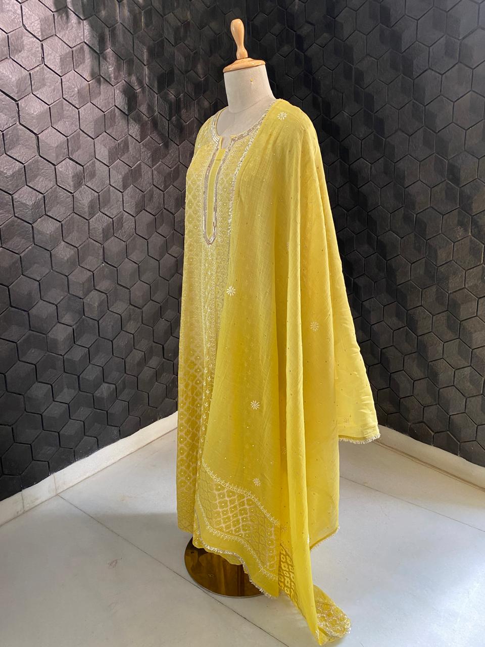 yellow mul chanderi chikankari Anarkali kurta set