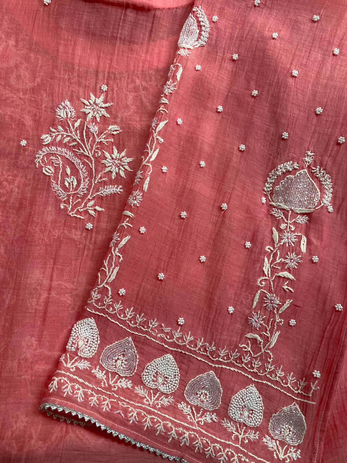 Pink Mul chanderi Chikankari kurta set.