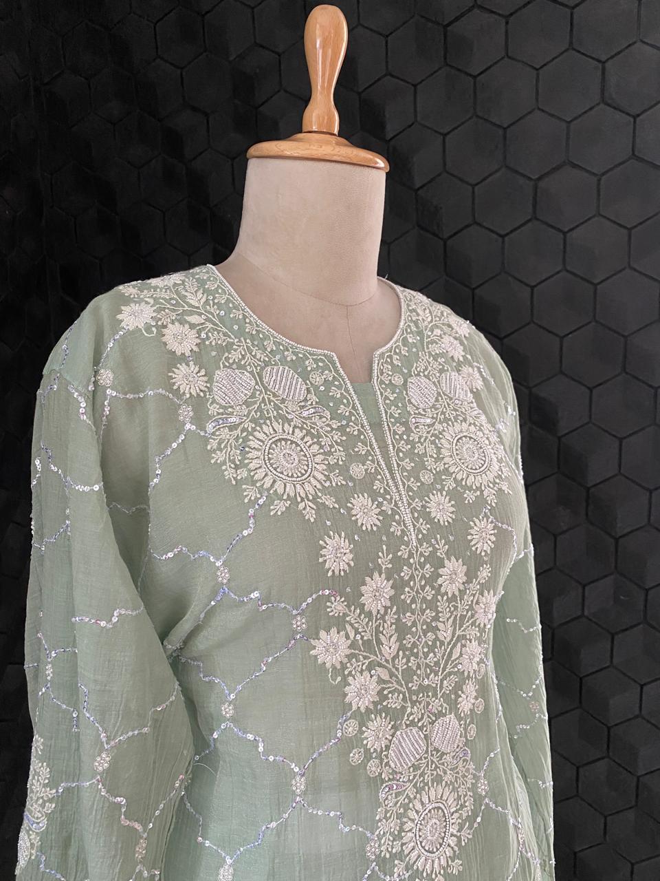 Sea Green Silver Tissue Chikankari Co-ord Set