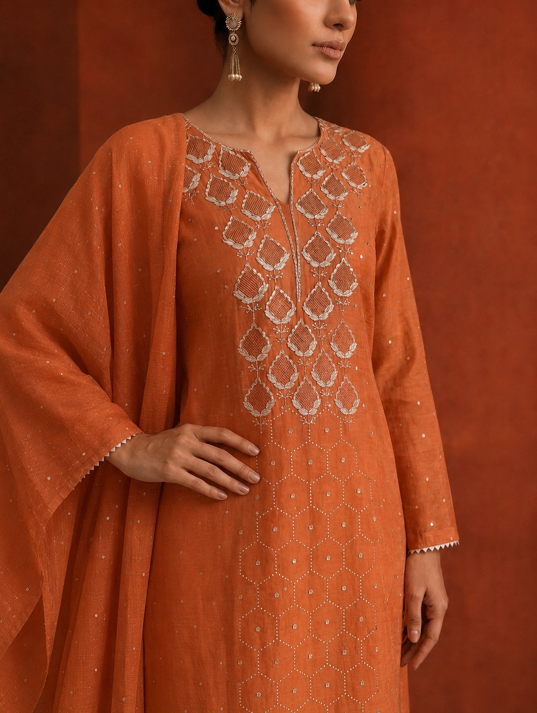 Burnt Orange Golden Tissue Mukaish and Kamdani Kurta Set