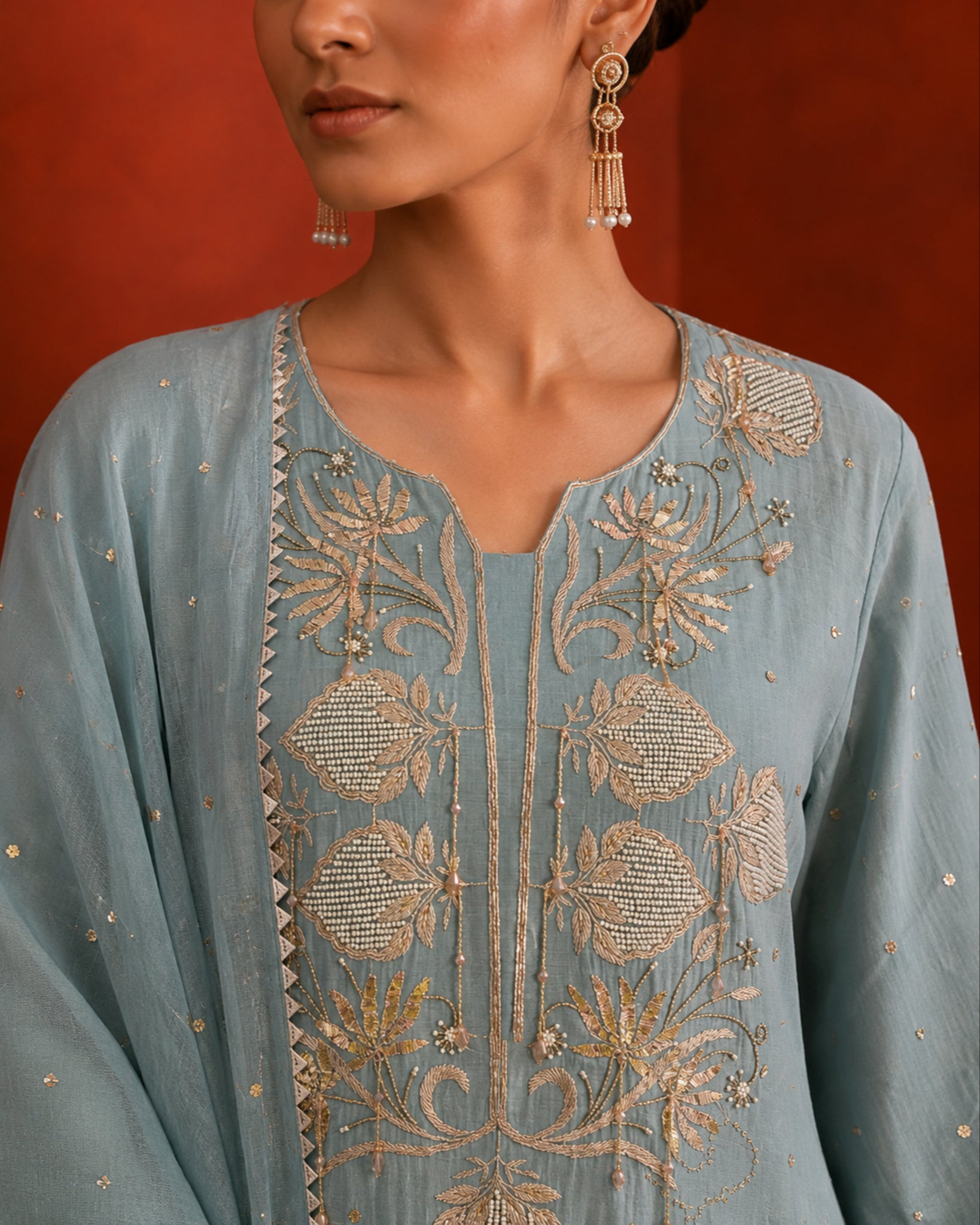 Teal Green Golden Tissue Mukaish and Kamdani Kurta Set