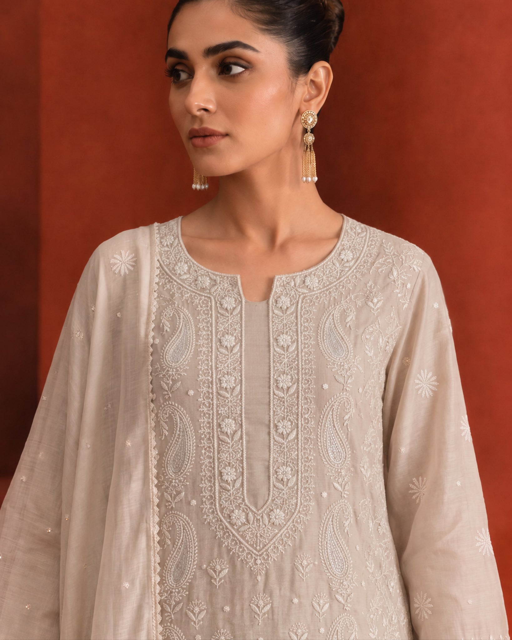 Beige Silver Tissue Full Jaal Kurta Set