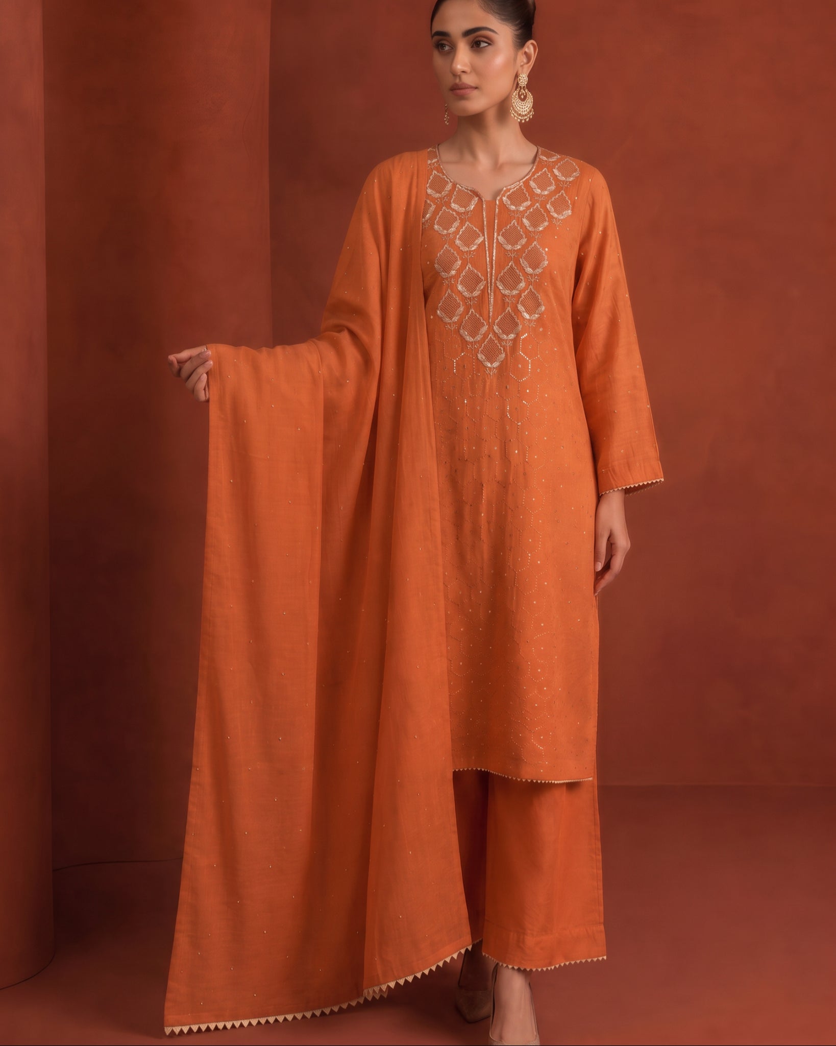 Burnt Orange Golden Tissue Mukaish and Kamdani Kurta Set