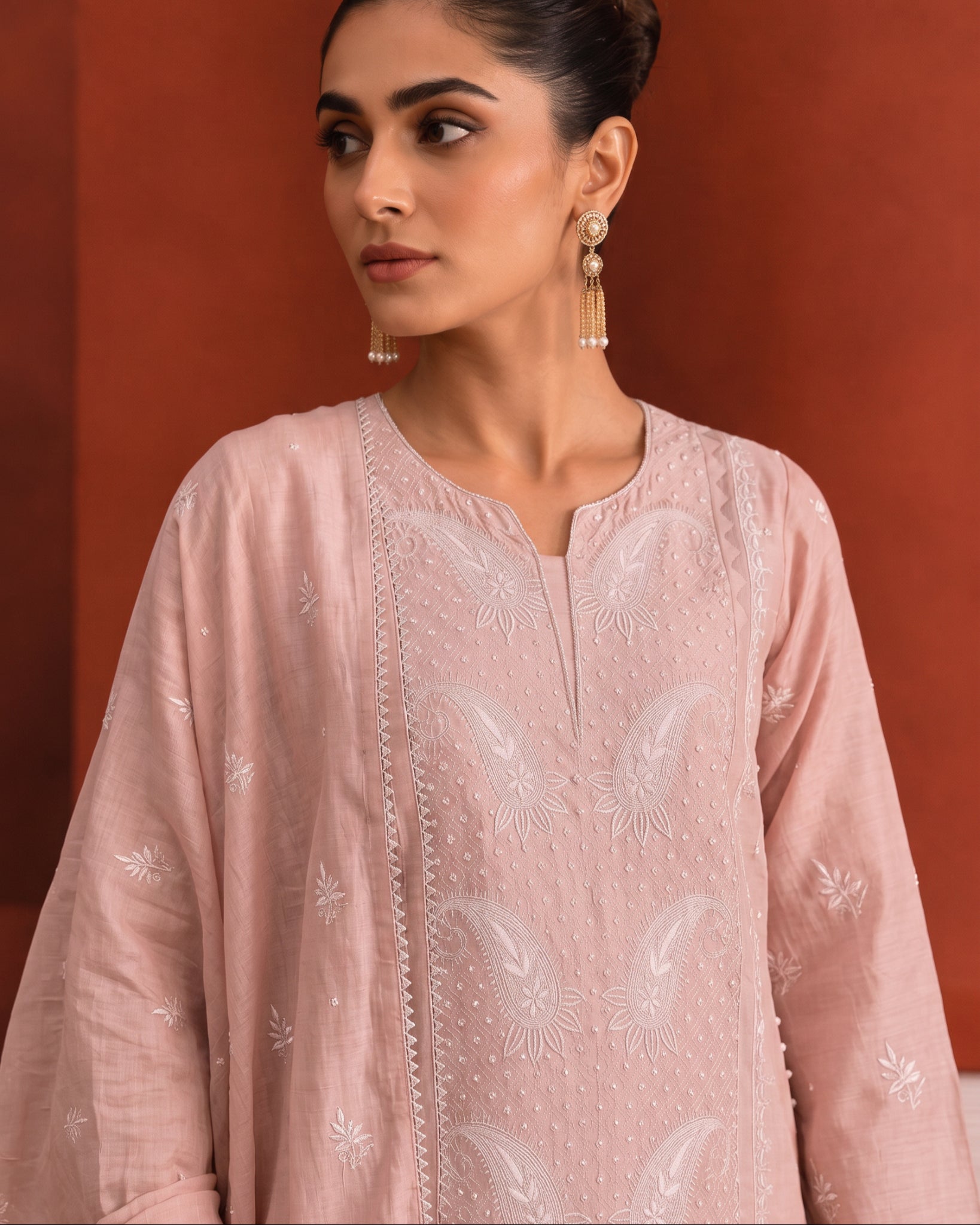 Pastel Pink Moonga Silk Kurta Set with Paisley Jaal