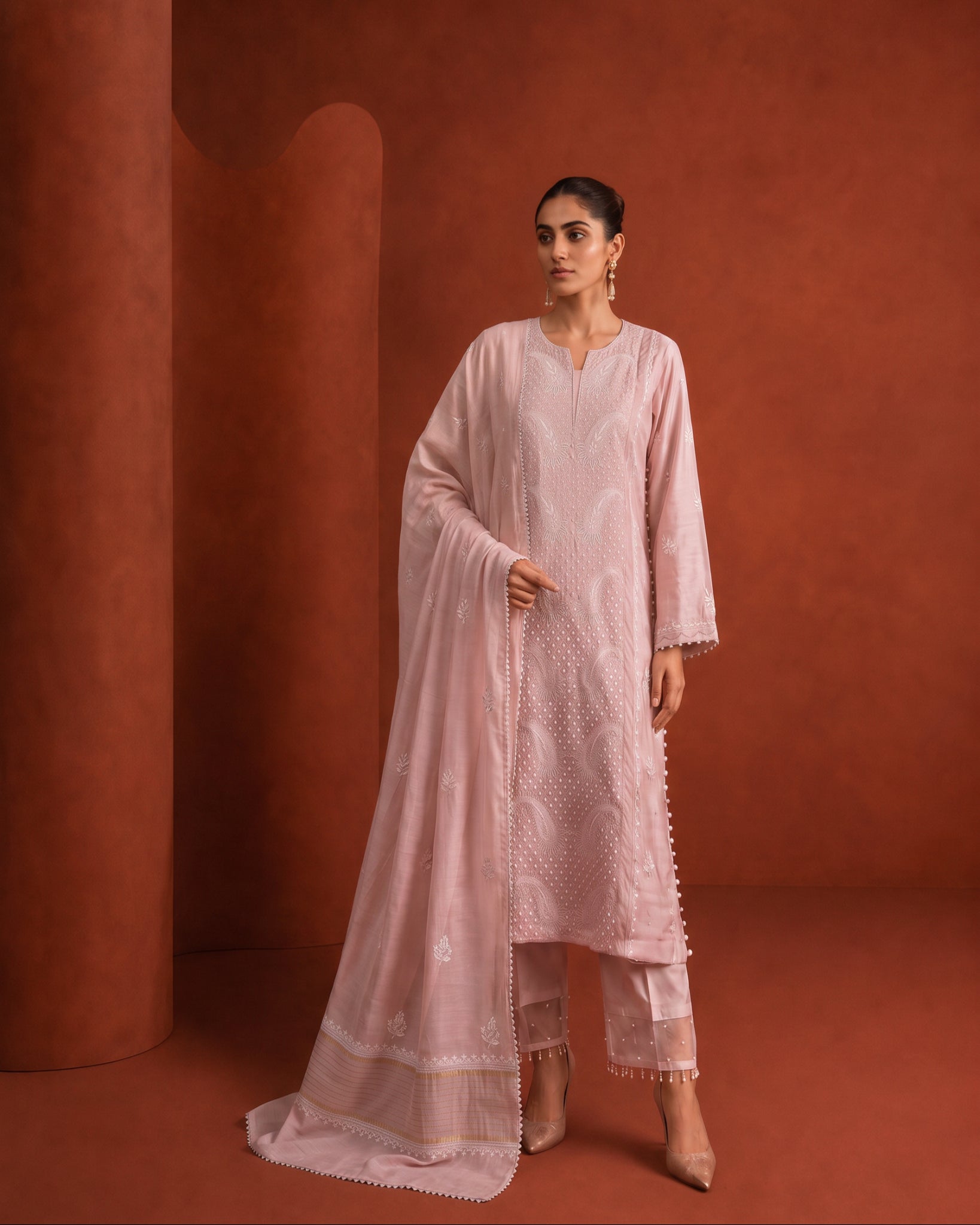 Pastel Pink Moonga Silk Kurta Set with Paisley Jaal