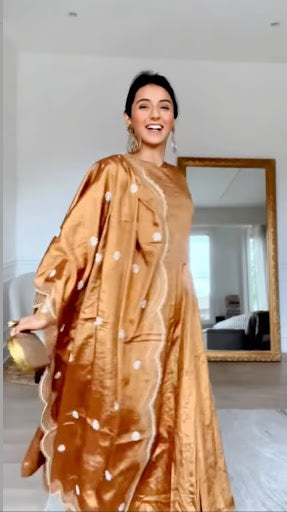 Masoom Minawala in Zari Tissue Copper Anarkali Set with Aari and Chikankari
