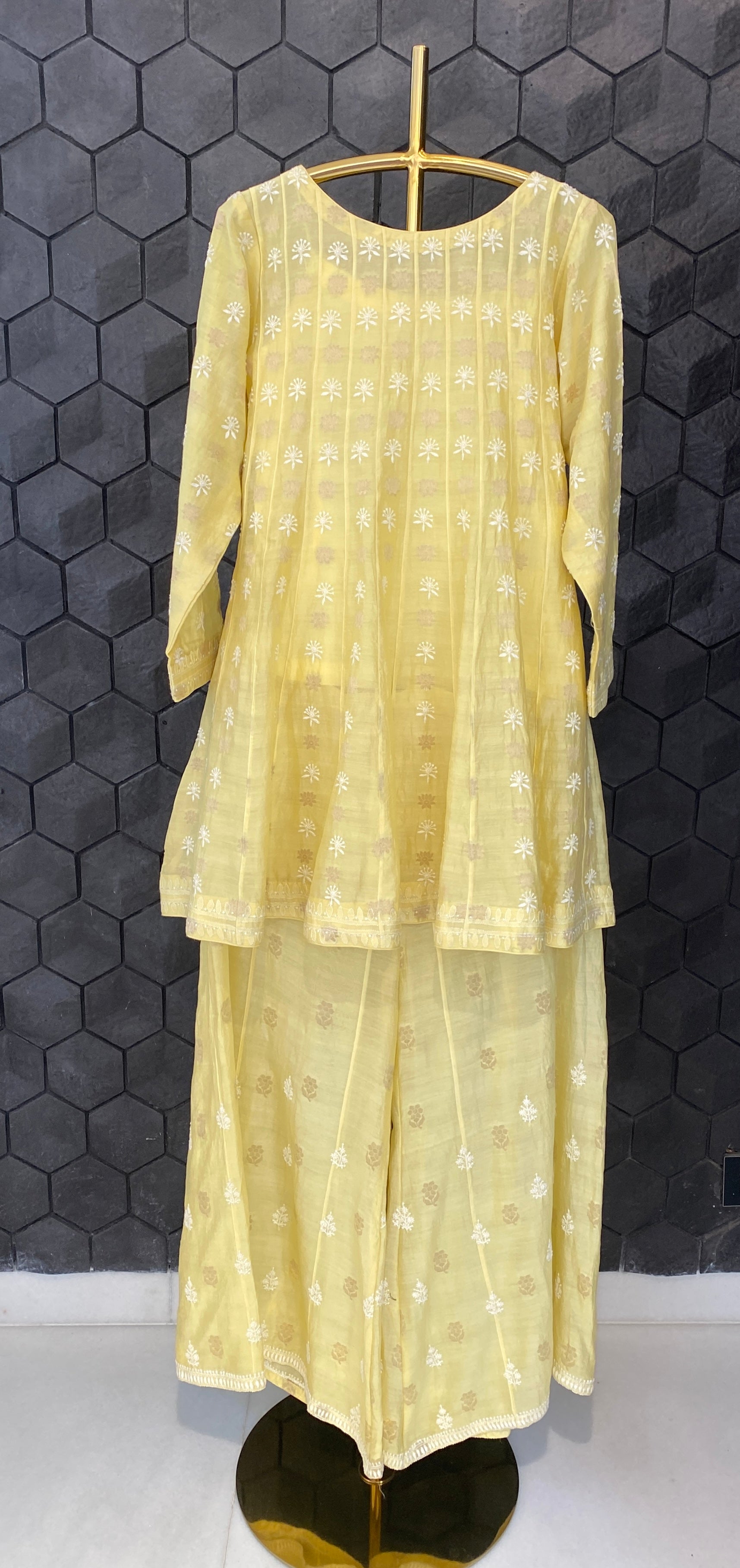 Yellow chanderi chikankari Co-ord sets