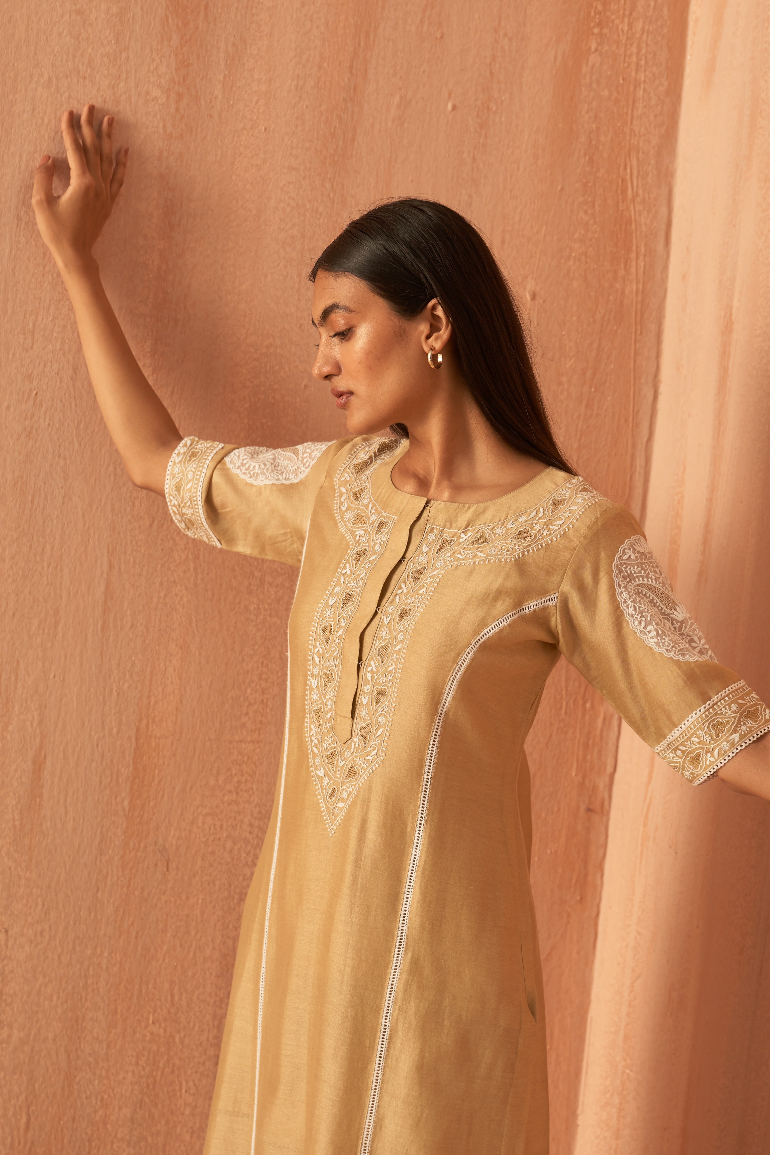Gold chanderi chikankari Co-ord sets
