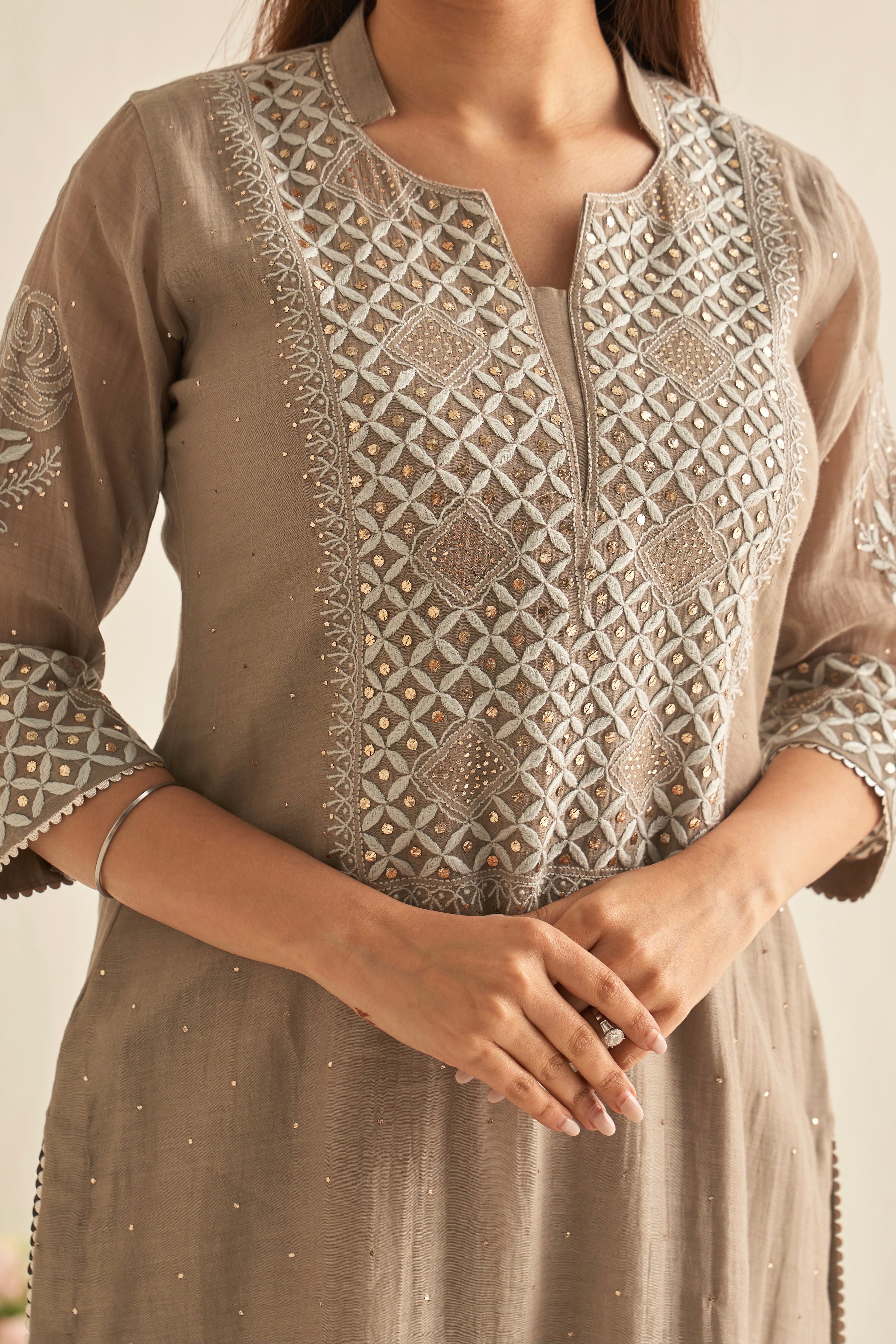 Grey mul chanderi straight kurta set