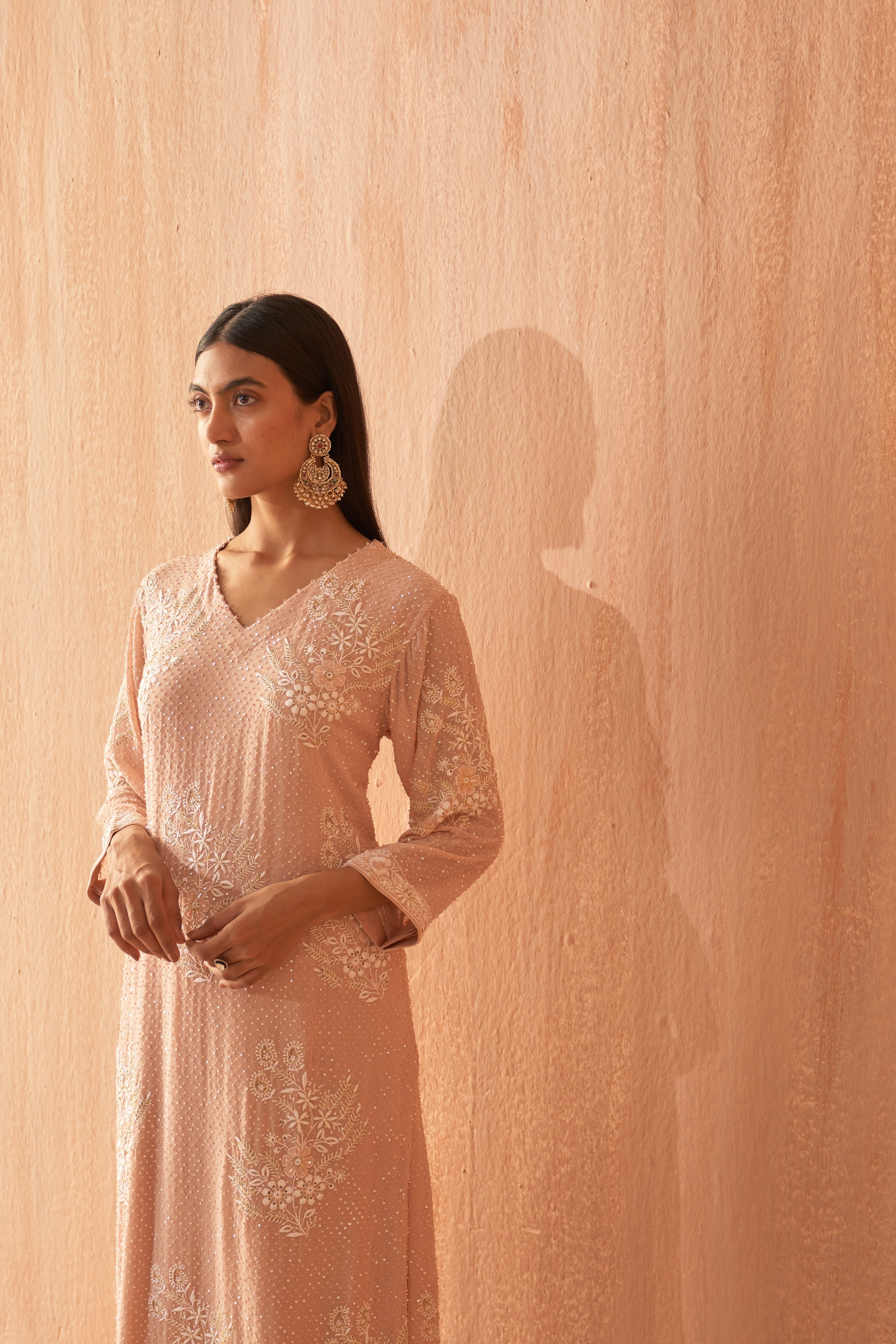 Gul Pink Georgette Chikankari kurta set with statement floral bootas