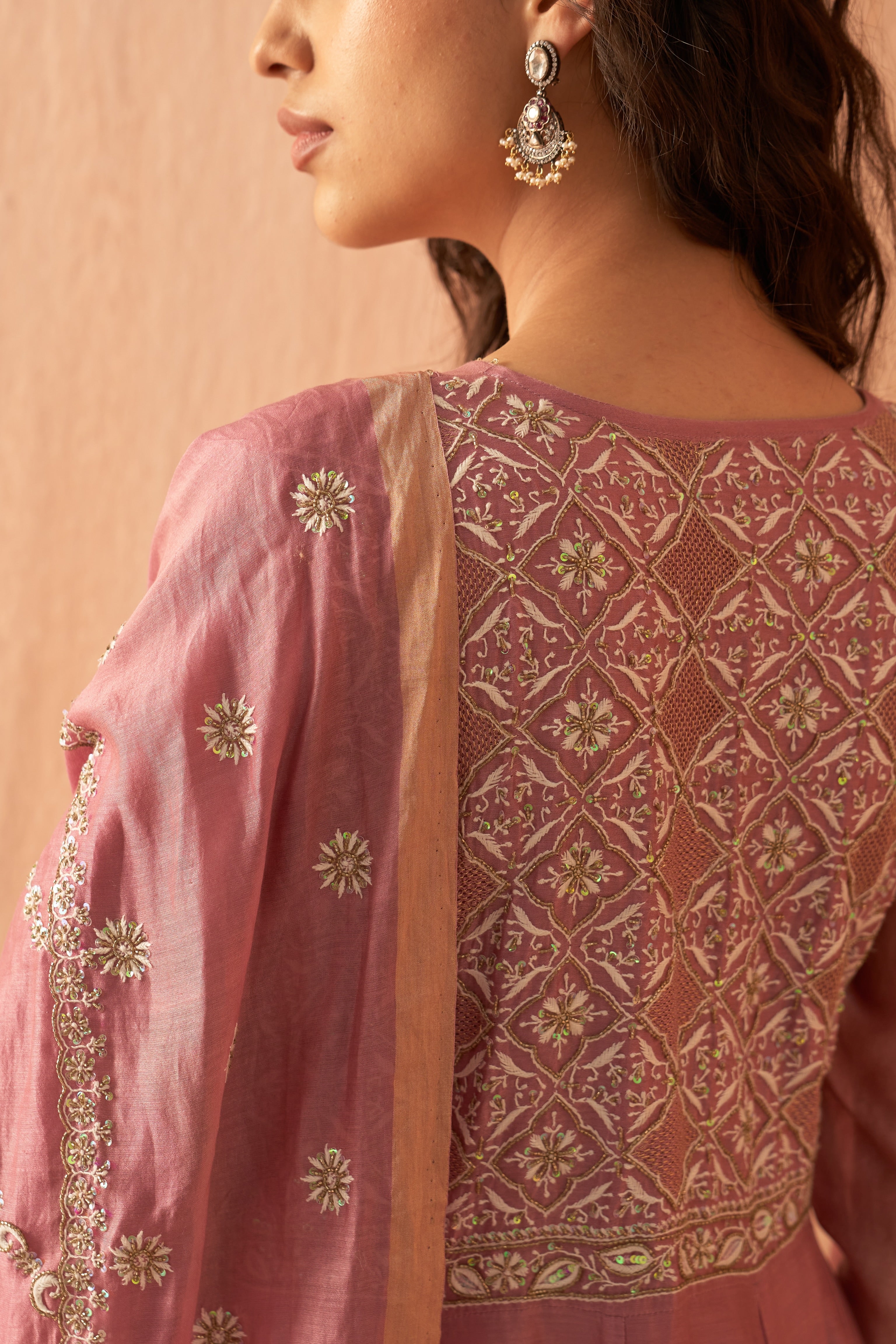 Onion Pink Chanderi chikankari anarkali set