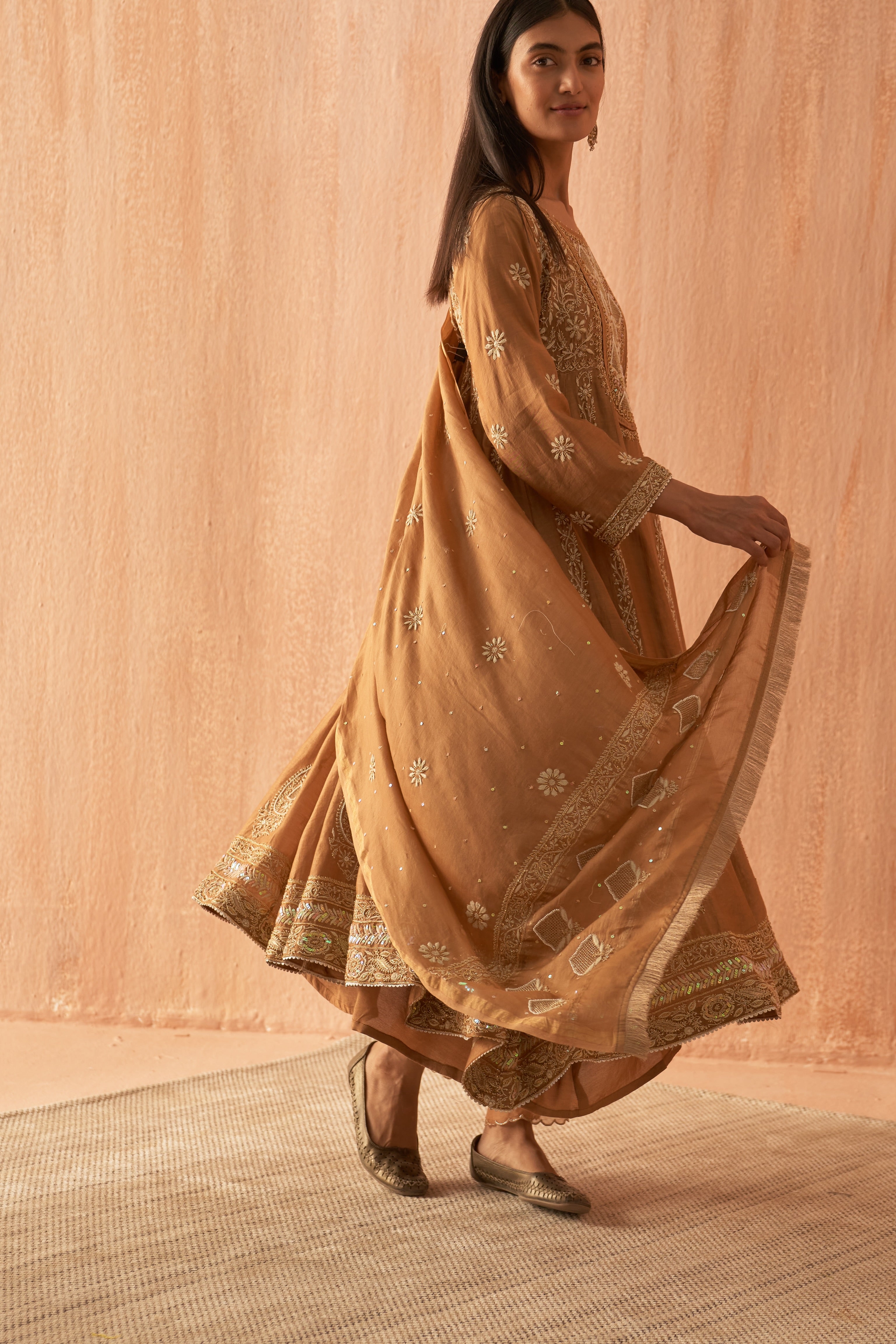 Brown chanderi chikankari with Zari work Anarkali set