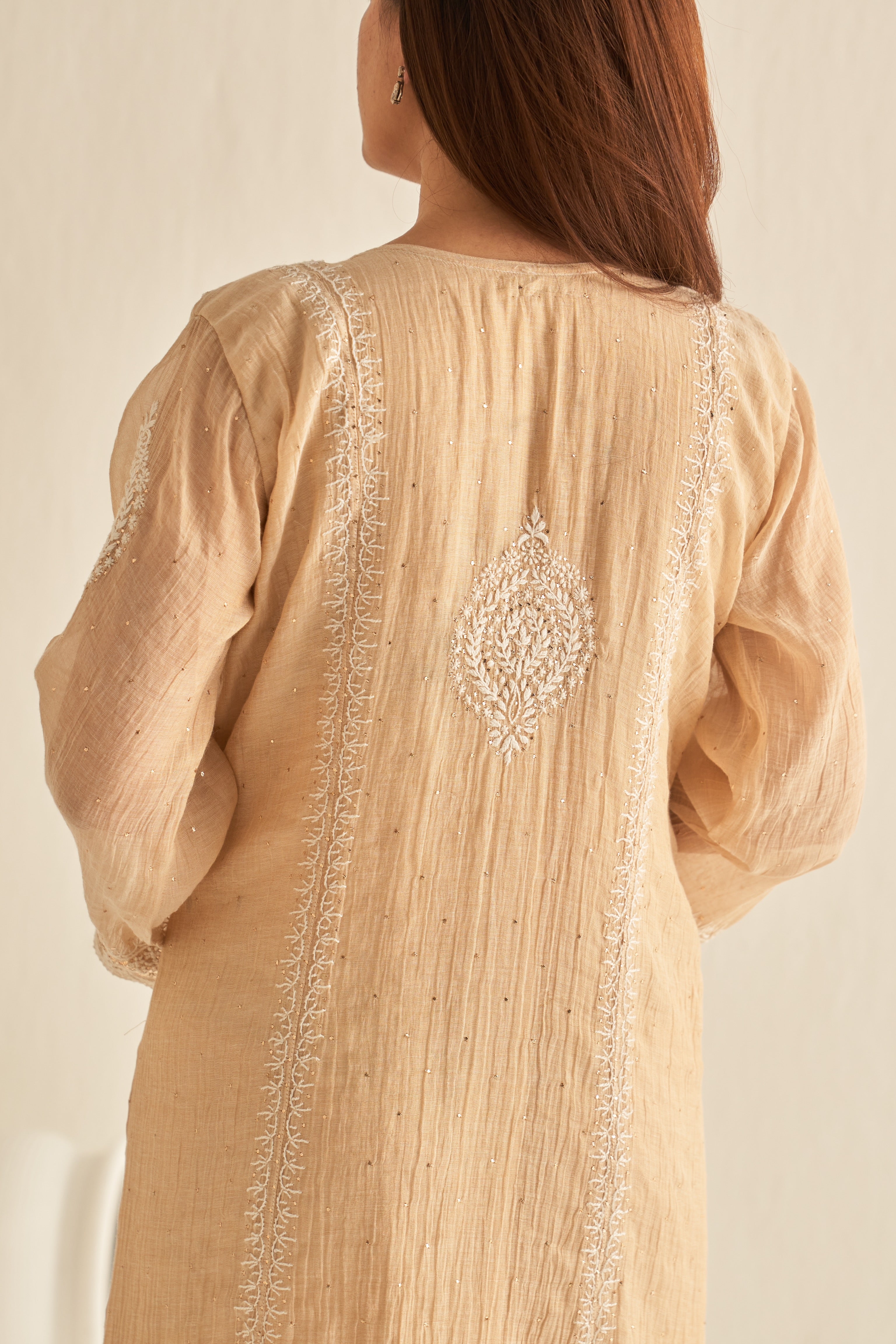 Natural gold chikankari and mukaish tunic dress