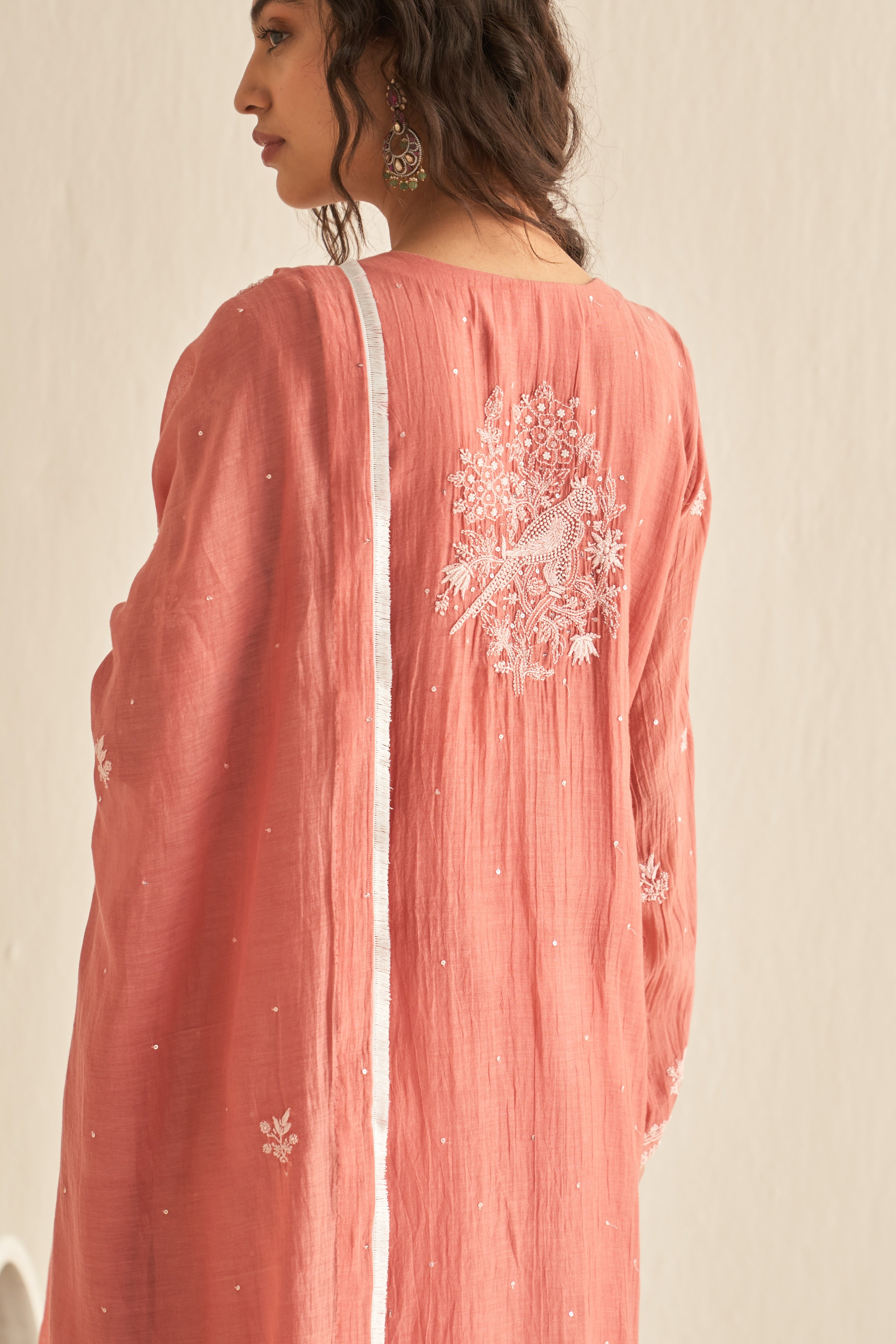 Pink mul chanderi chikankari straight kurta set