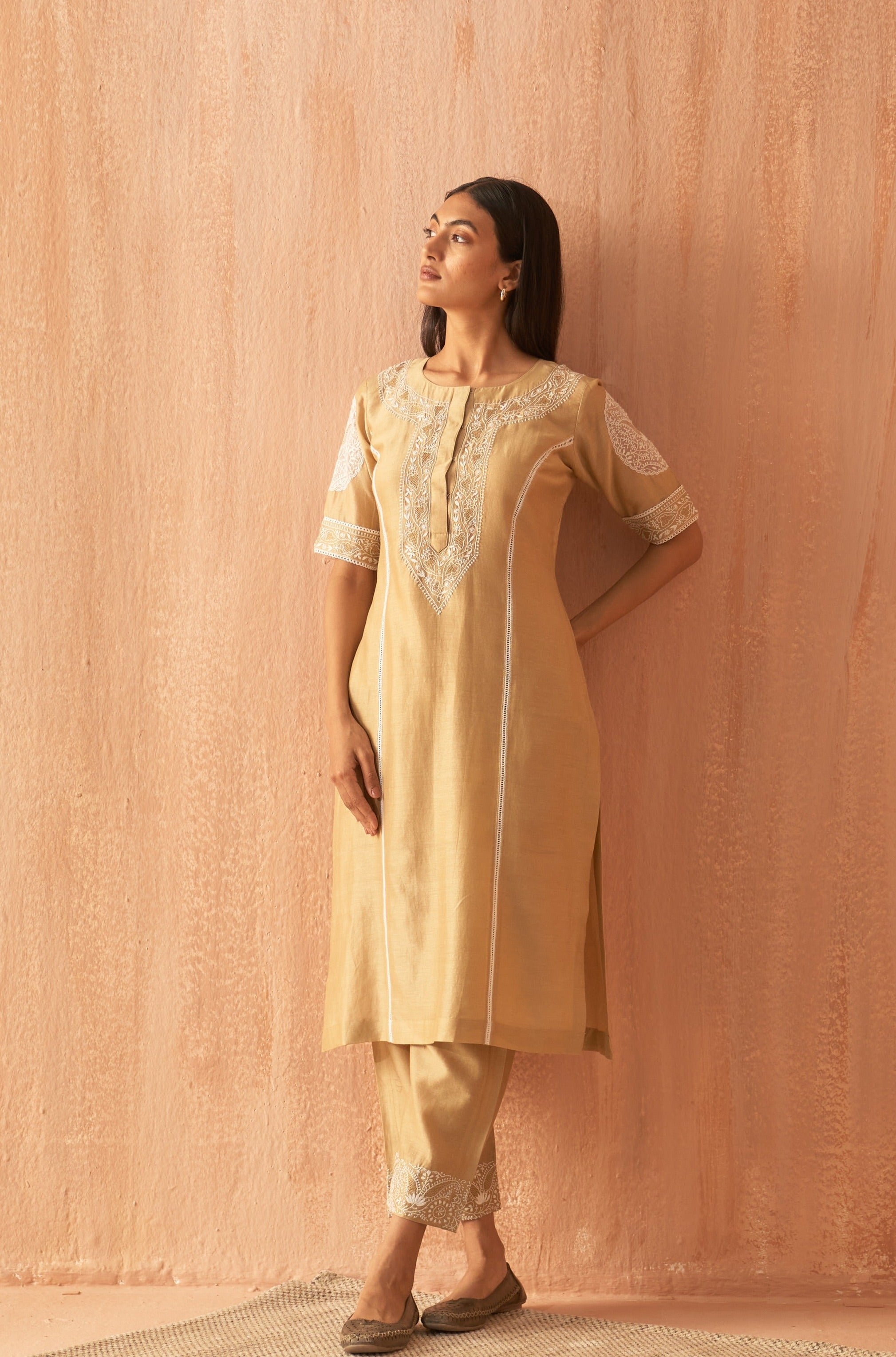 Gold chanderi chikankari Co-ord sets