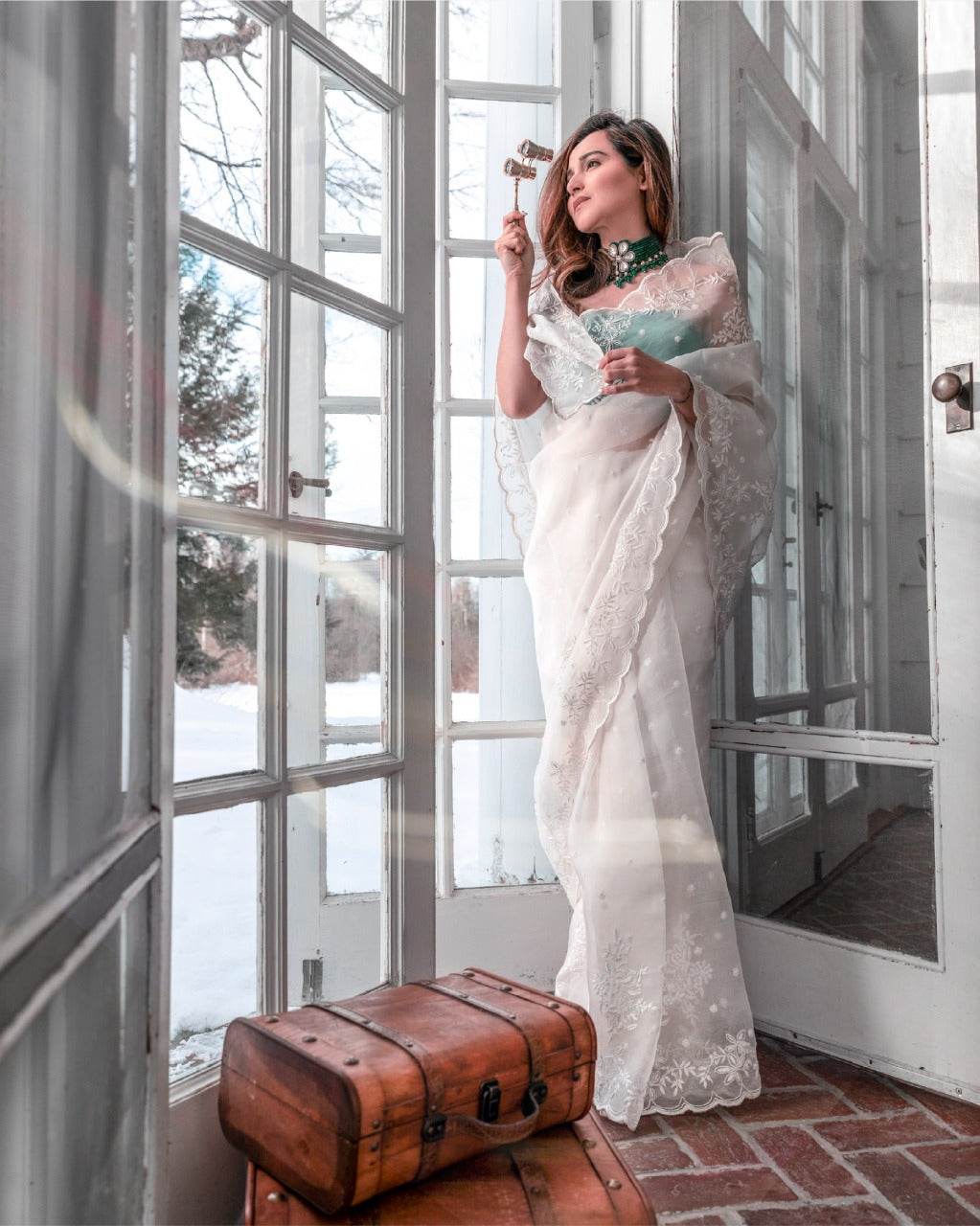 Kompal Matta in our Scallop Border White chikankari organza saree