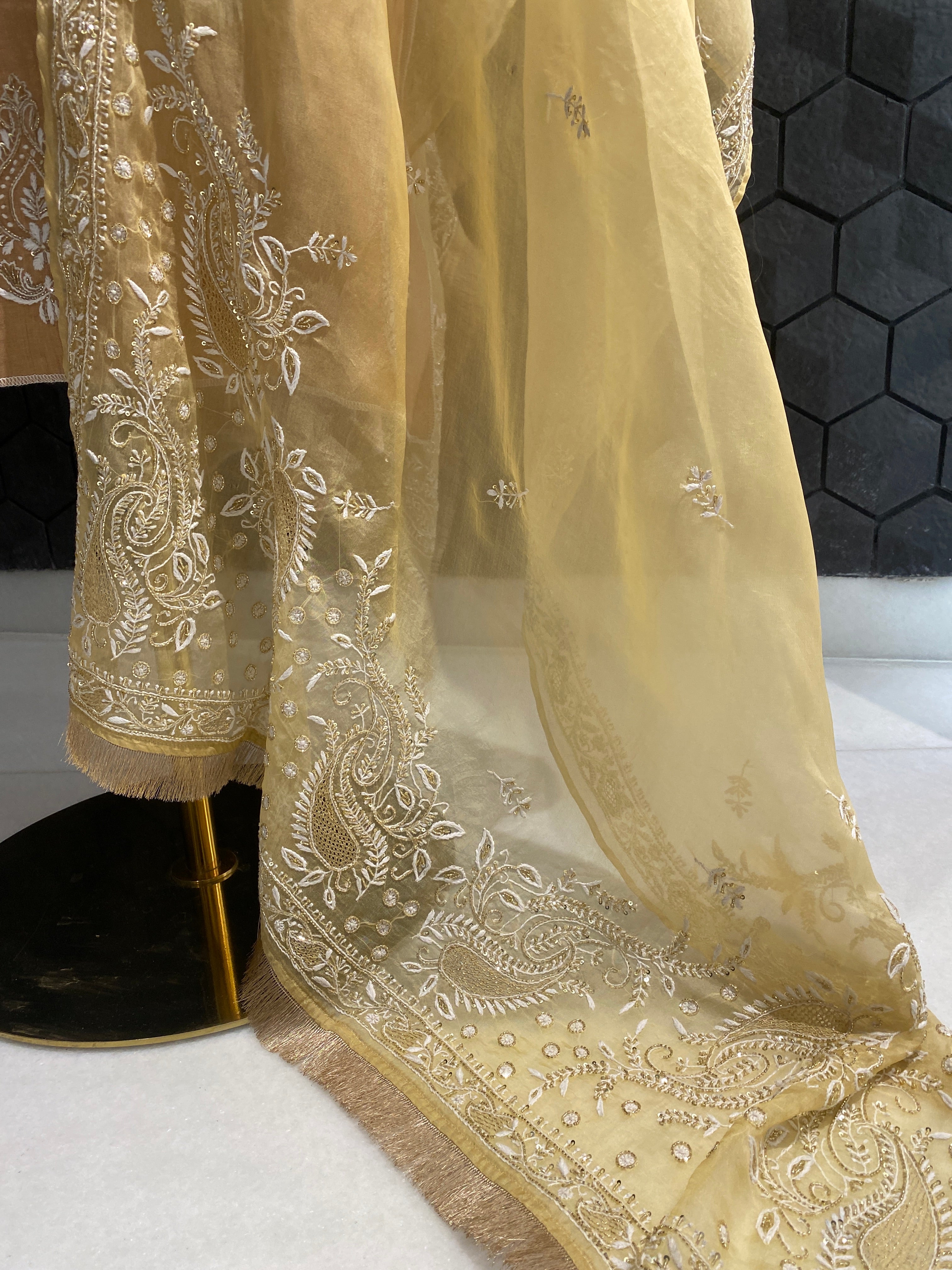 Peach tissue chikankari kurta set