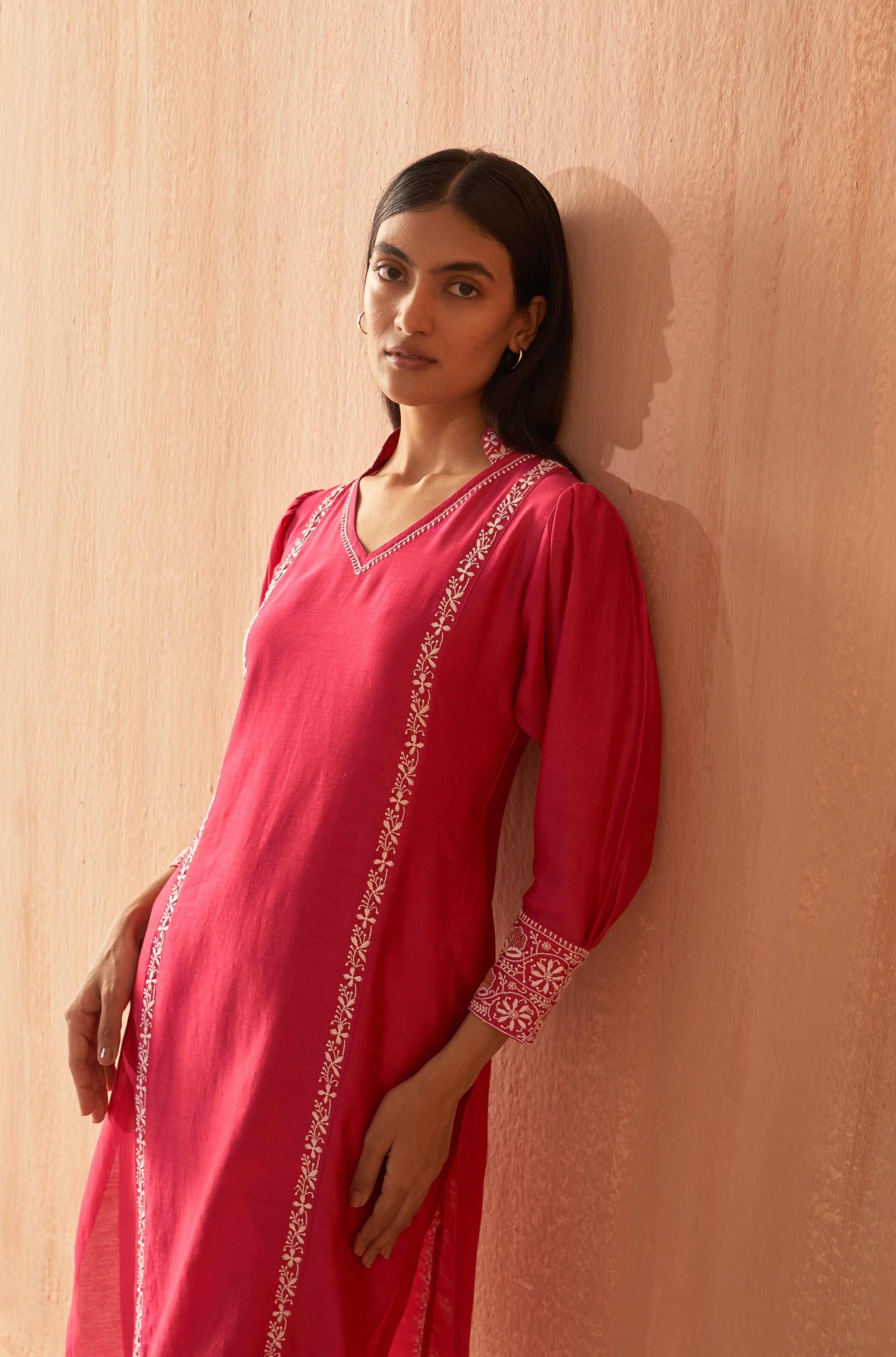 Fuschia chanderi chikankari Co-ord sets