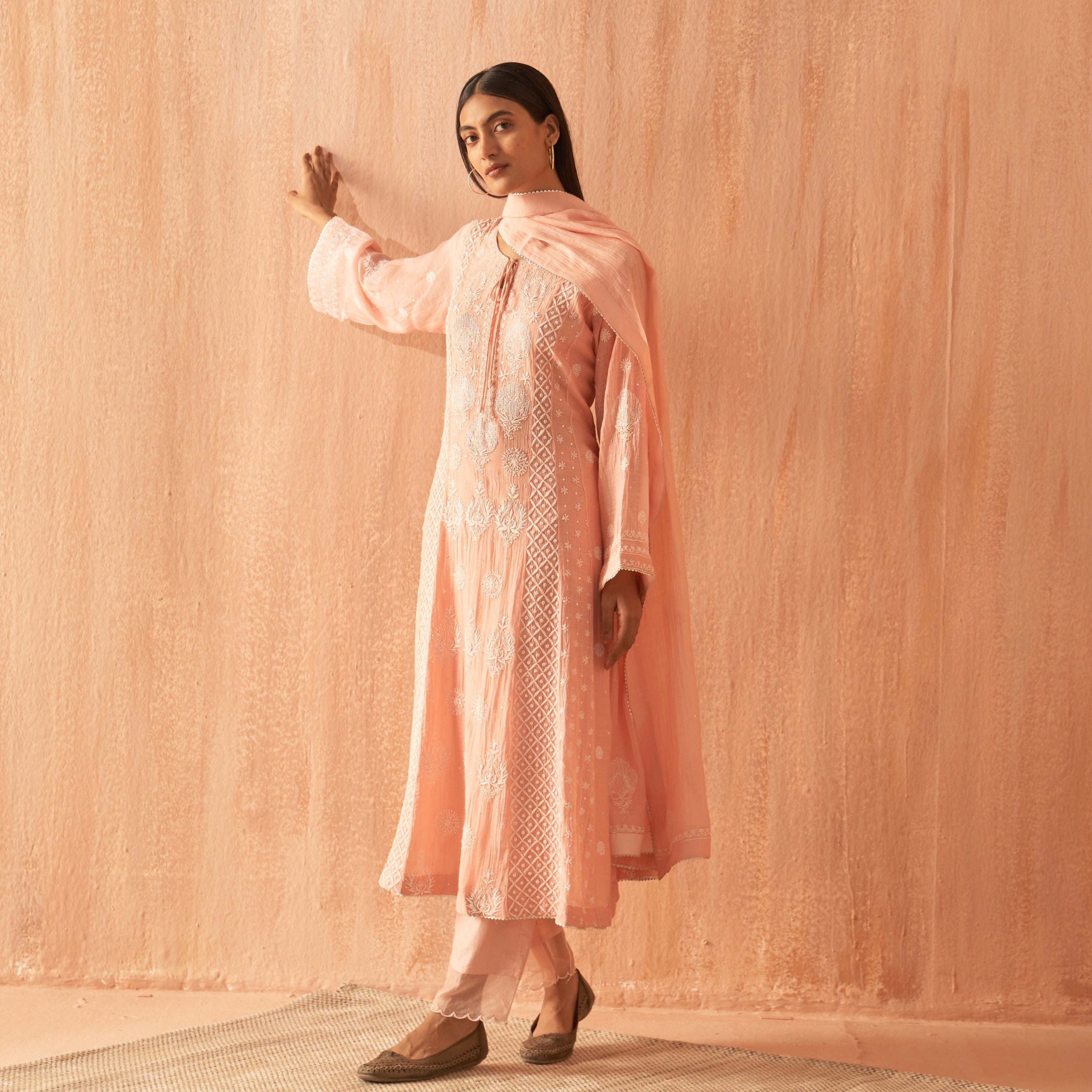 Peach soft Chanderi Heavy Chikankari Kurta Set