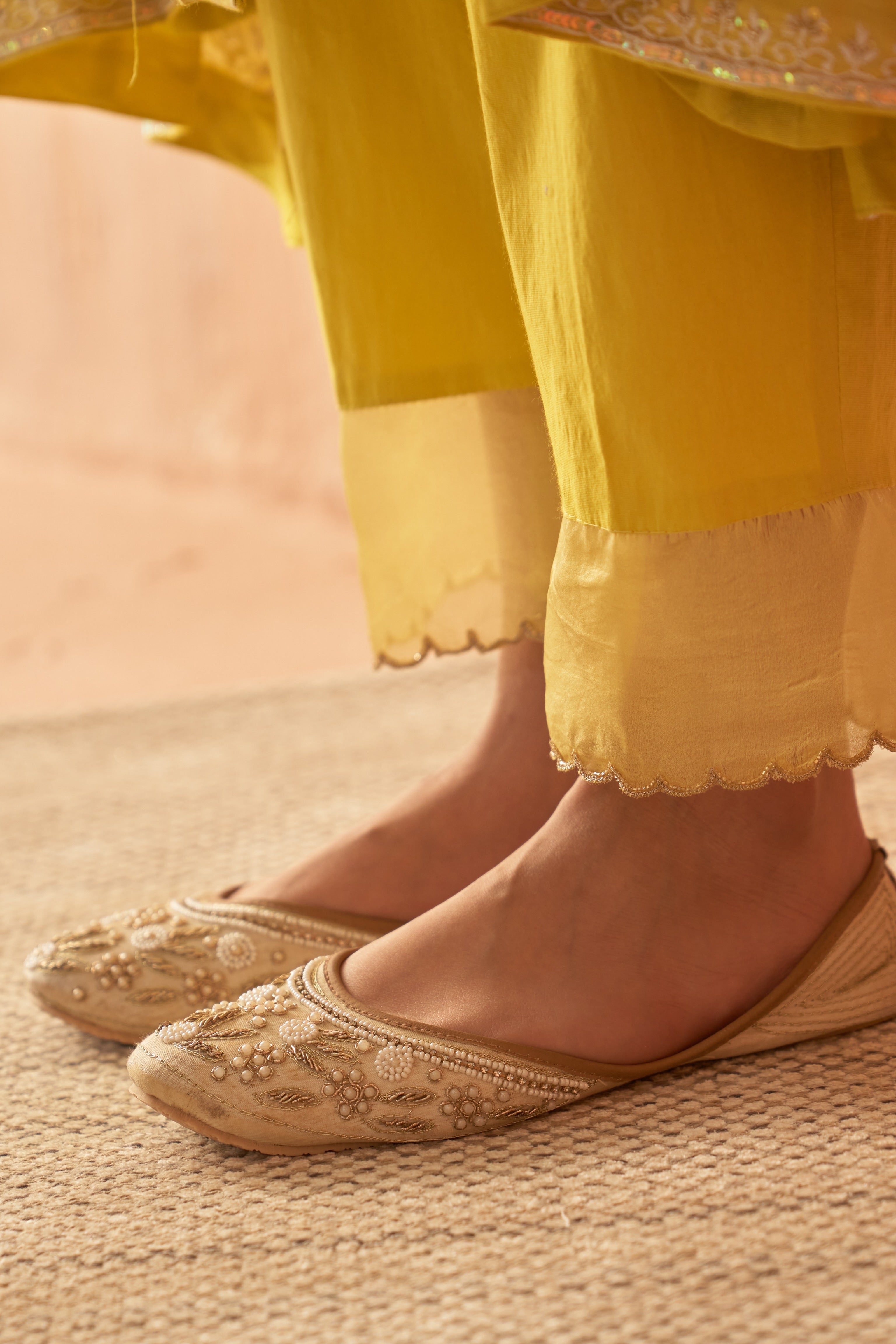 Yellow chanderi chikankari and zardozi Anarkali set