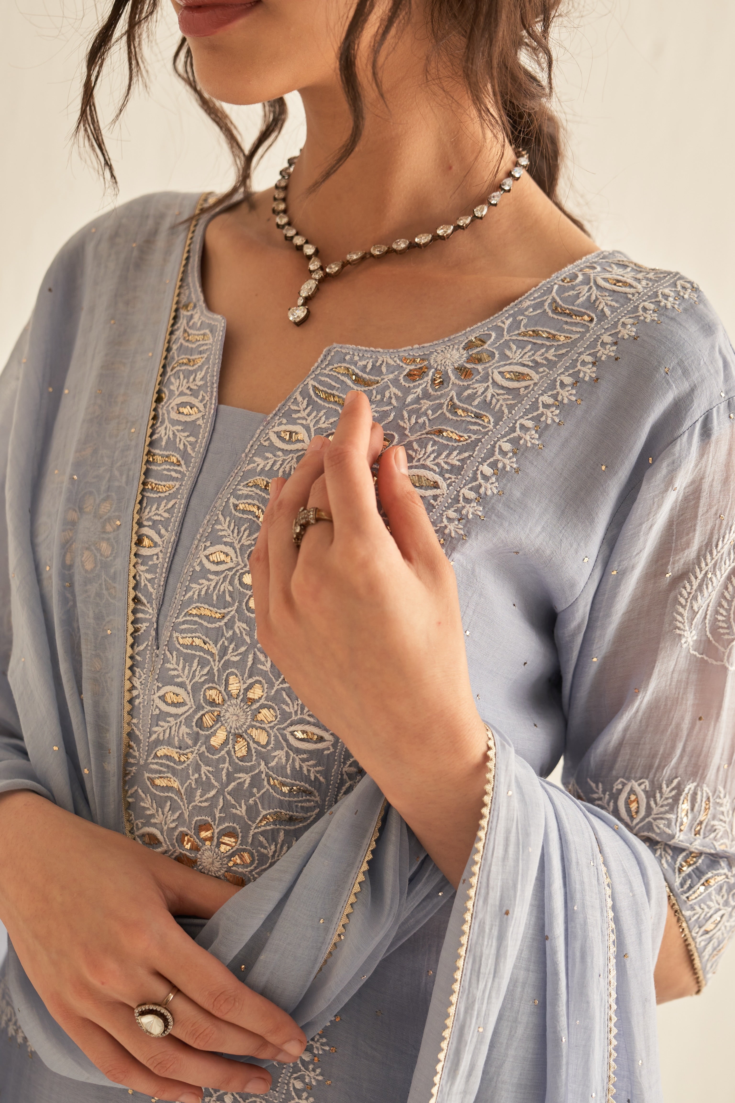 Ash blue mul chanderi mukaish and chikankari kurta set