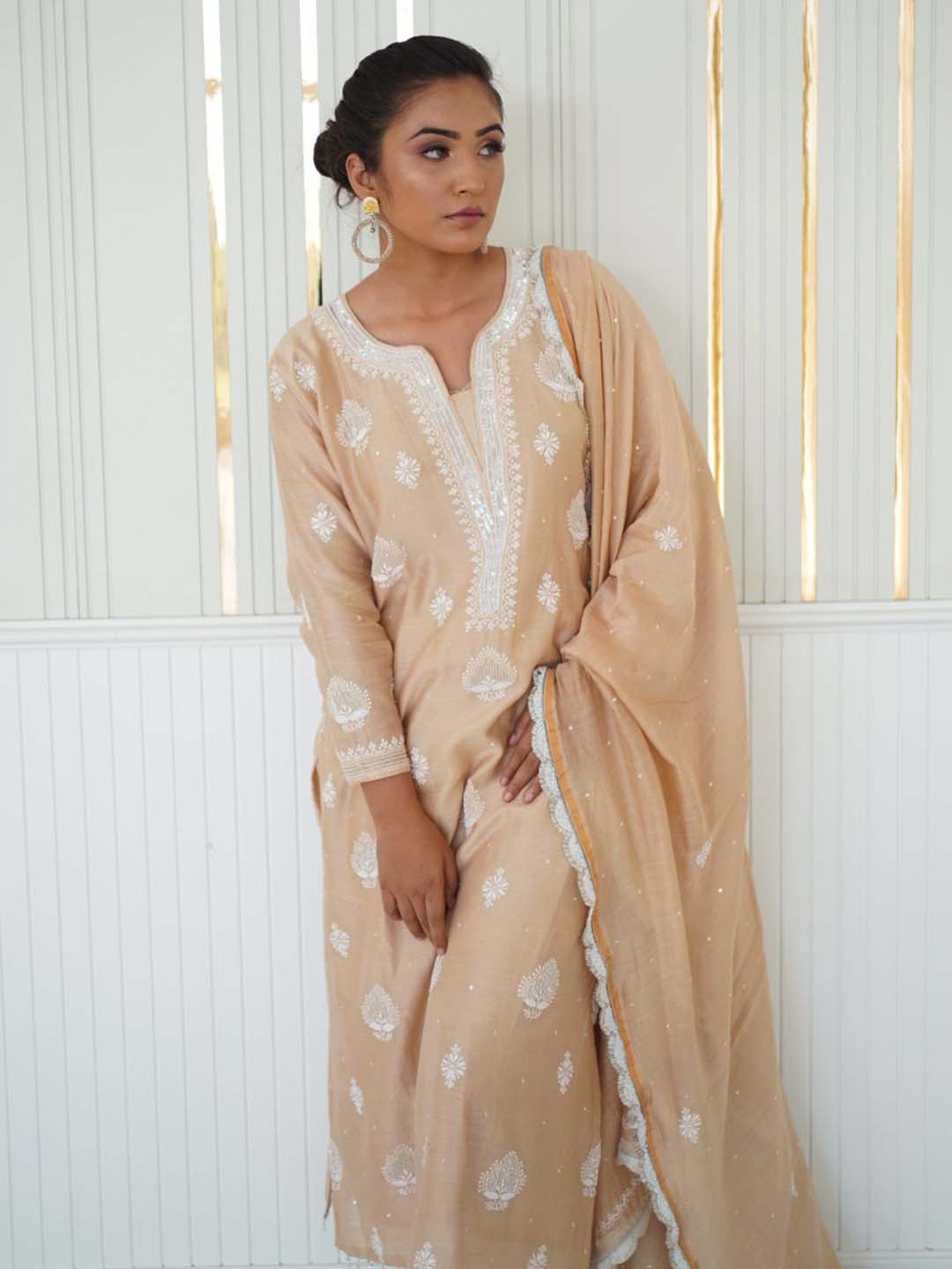 Beige Suit Set With Sequence Neck & Lucknowi Chikankari