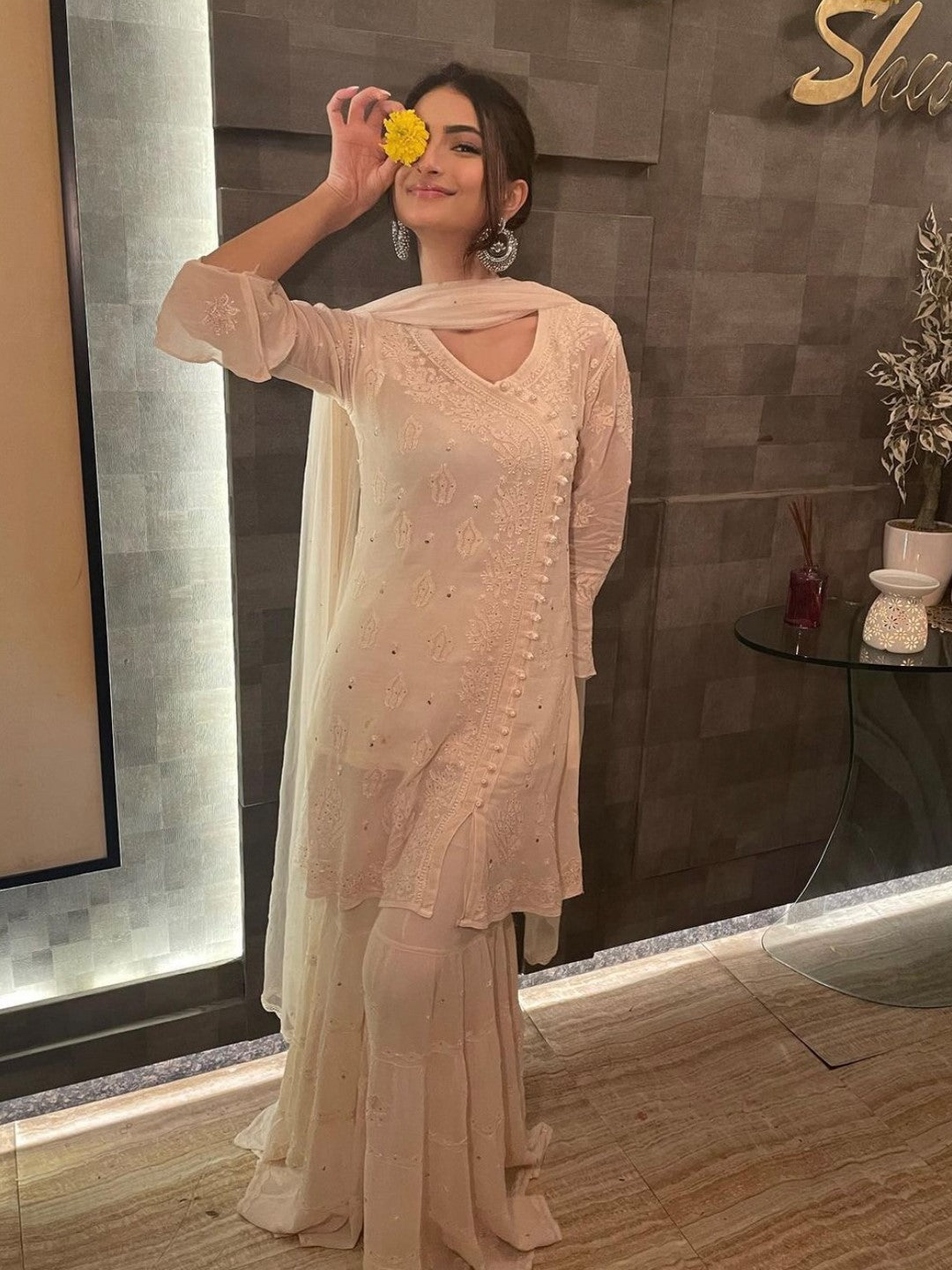 Palak Tiwari in beige chikankari viscose sharara set