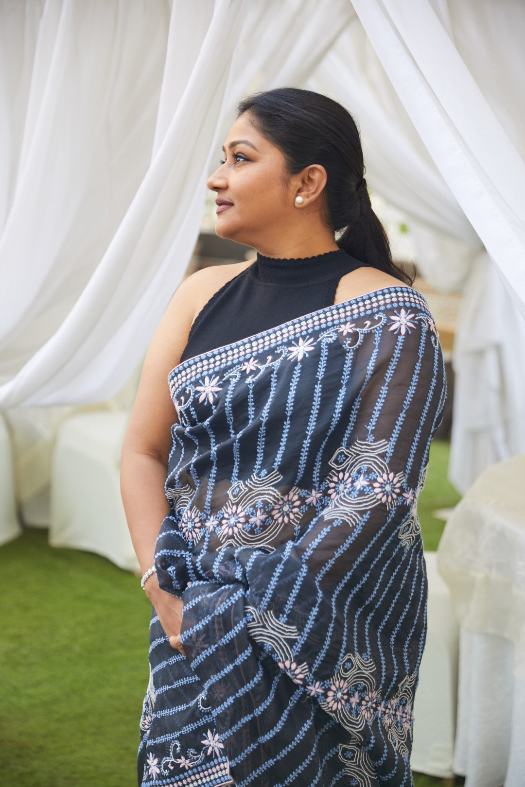 Dolly Jain in our Black Chikankari organza saree