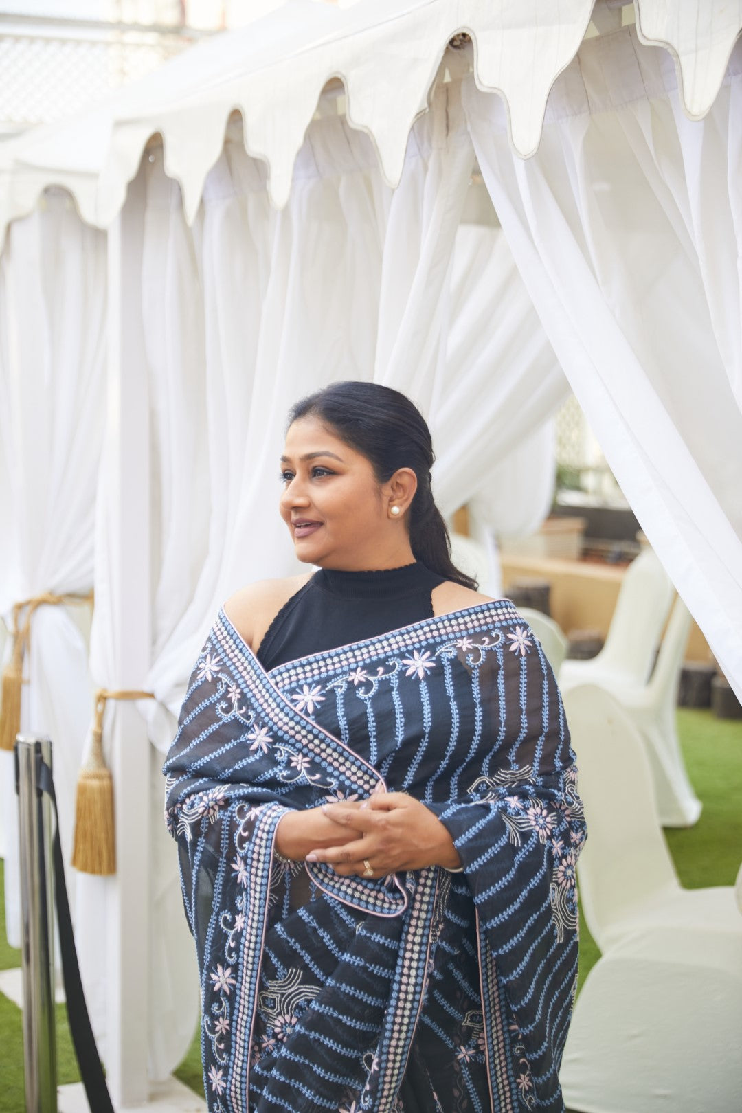 Dolly Jain in our Black Chikankari organza saree