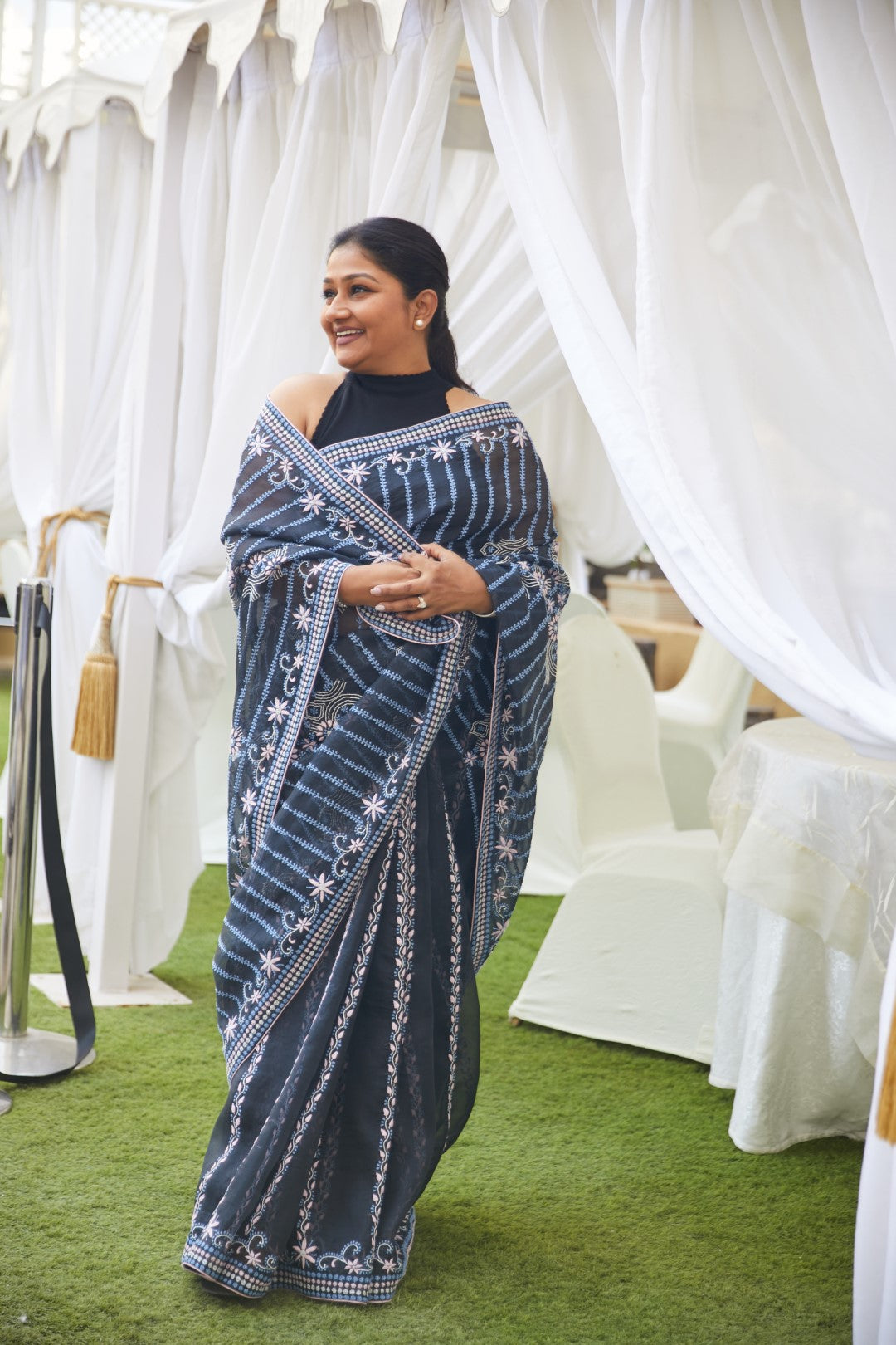 Dolly Jain in our Black Chikankari organza saree