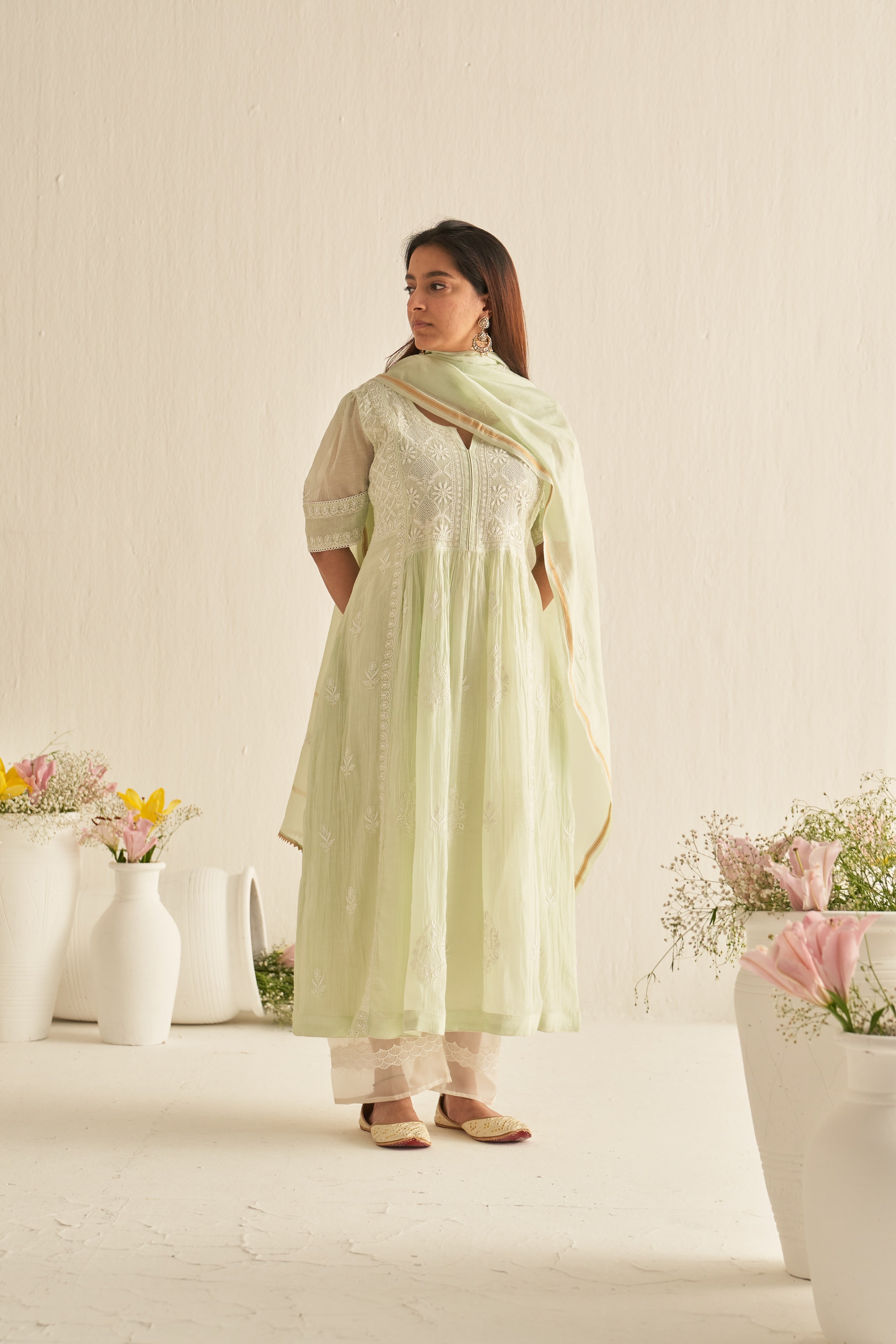 Light green Mulmul chikankari kurta set