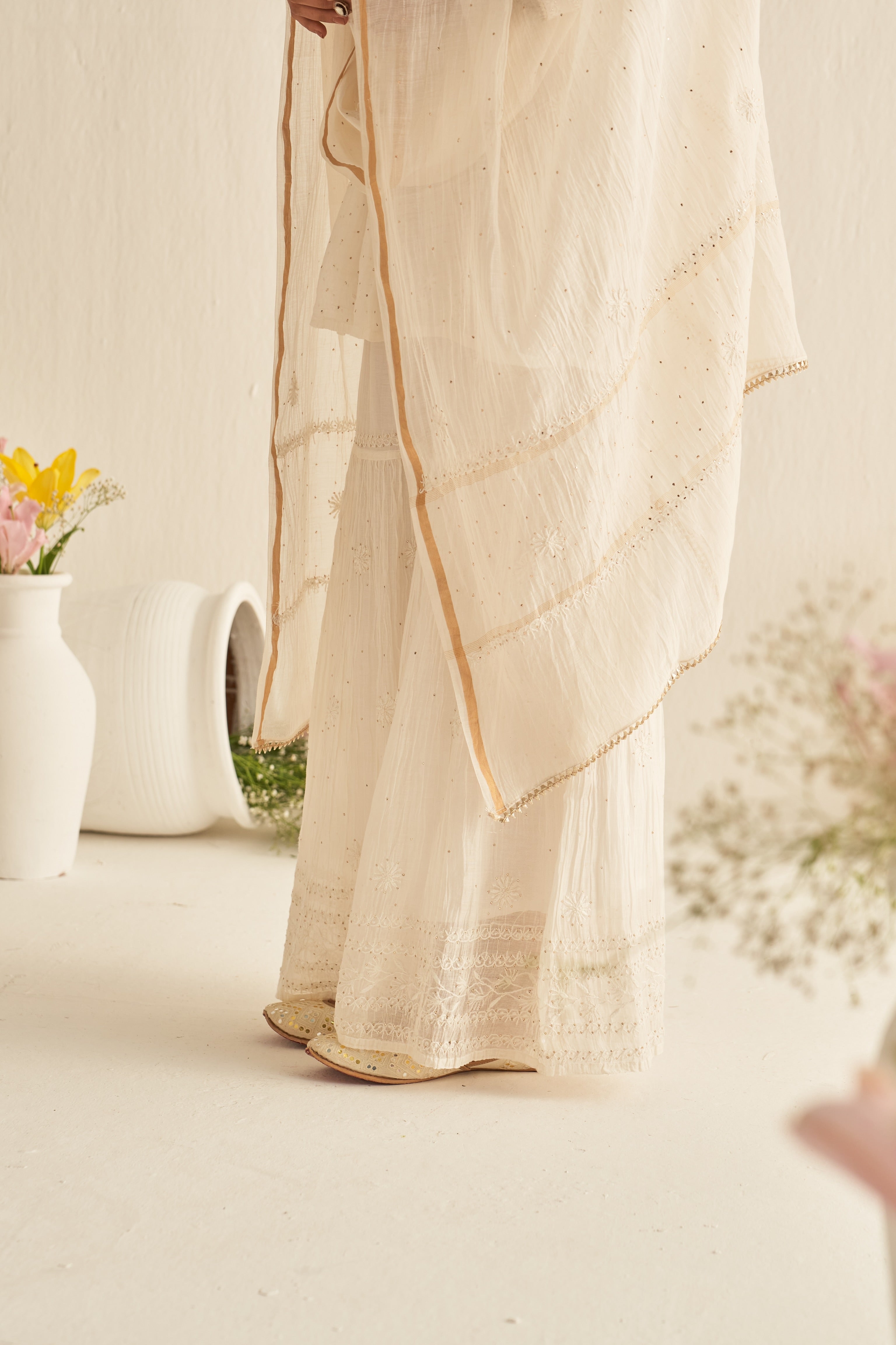 White mul chanderi with mukaish sharara set