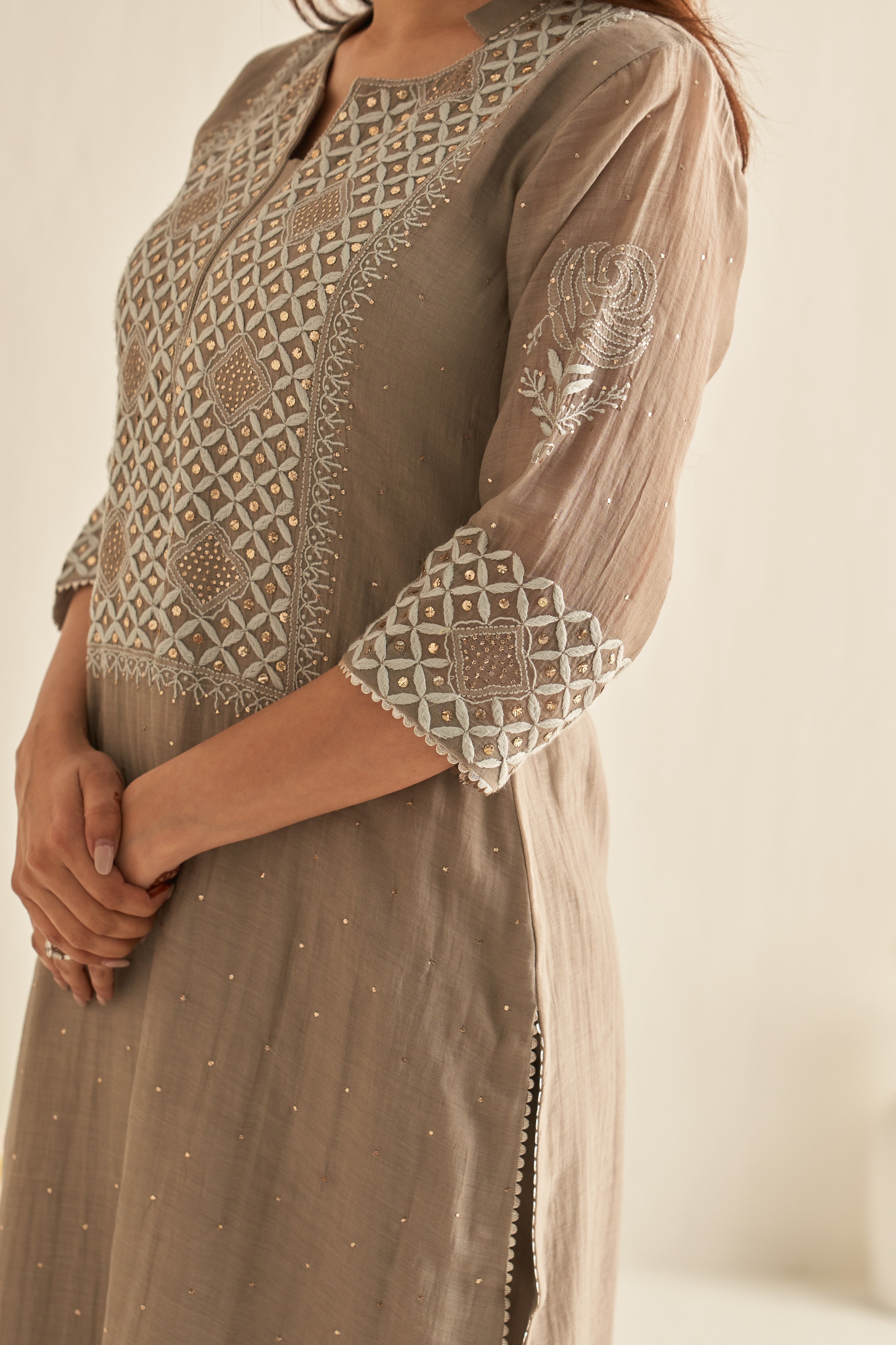 Grey mul chanderi straight kurta set