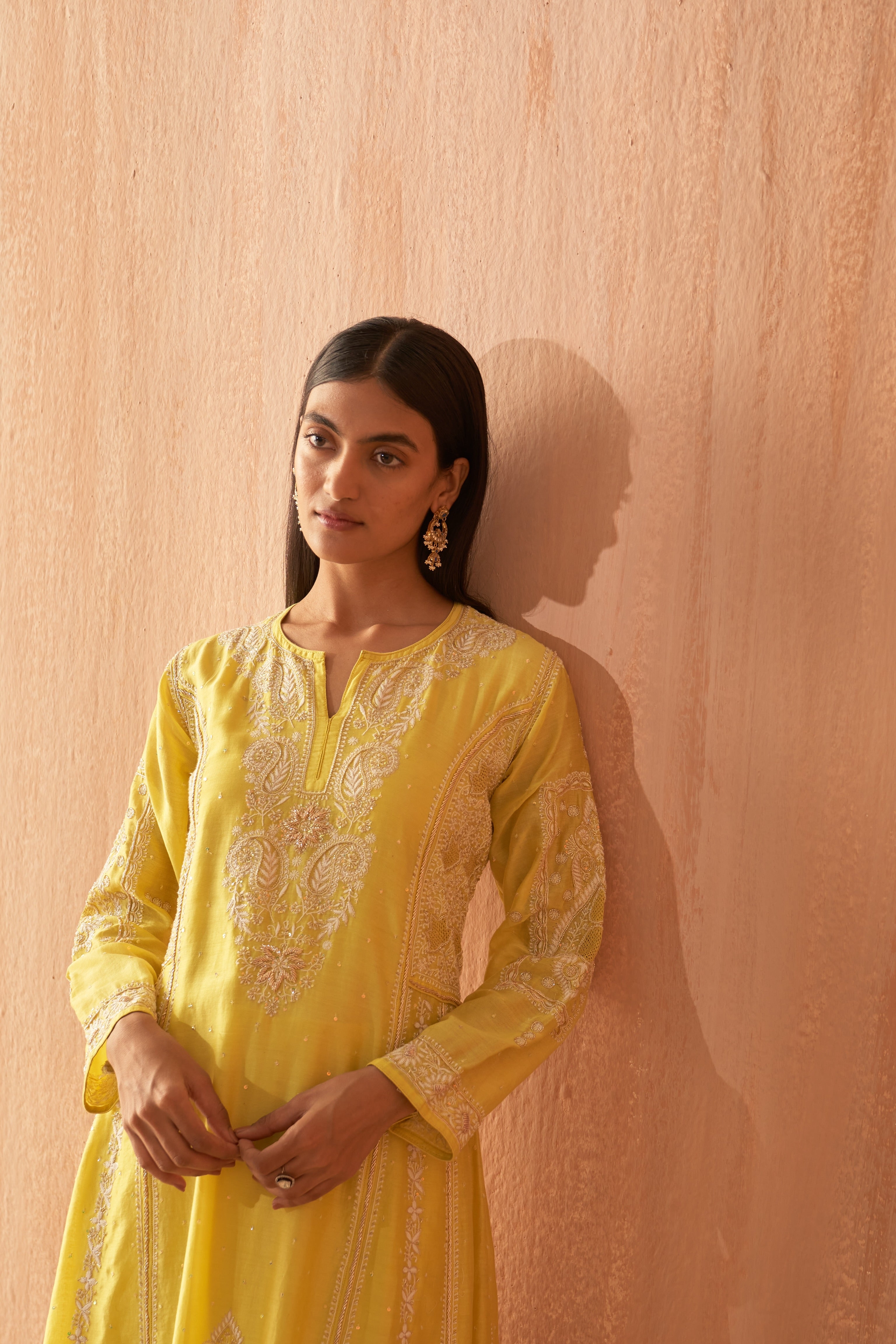 Yellow Chanderi Chikankari and Zardozi Anarkali set