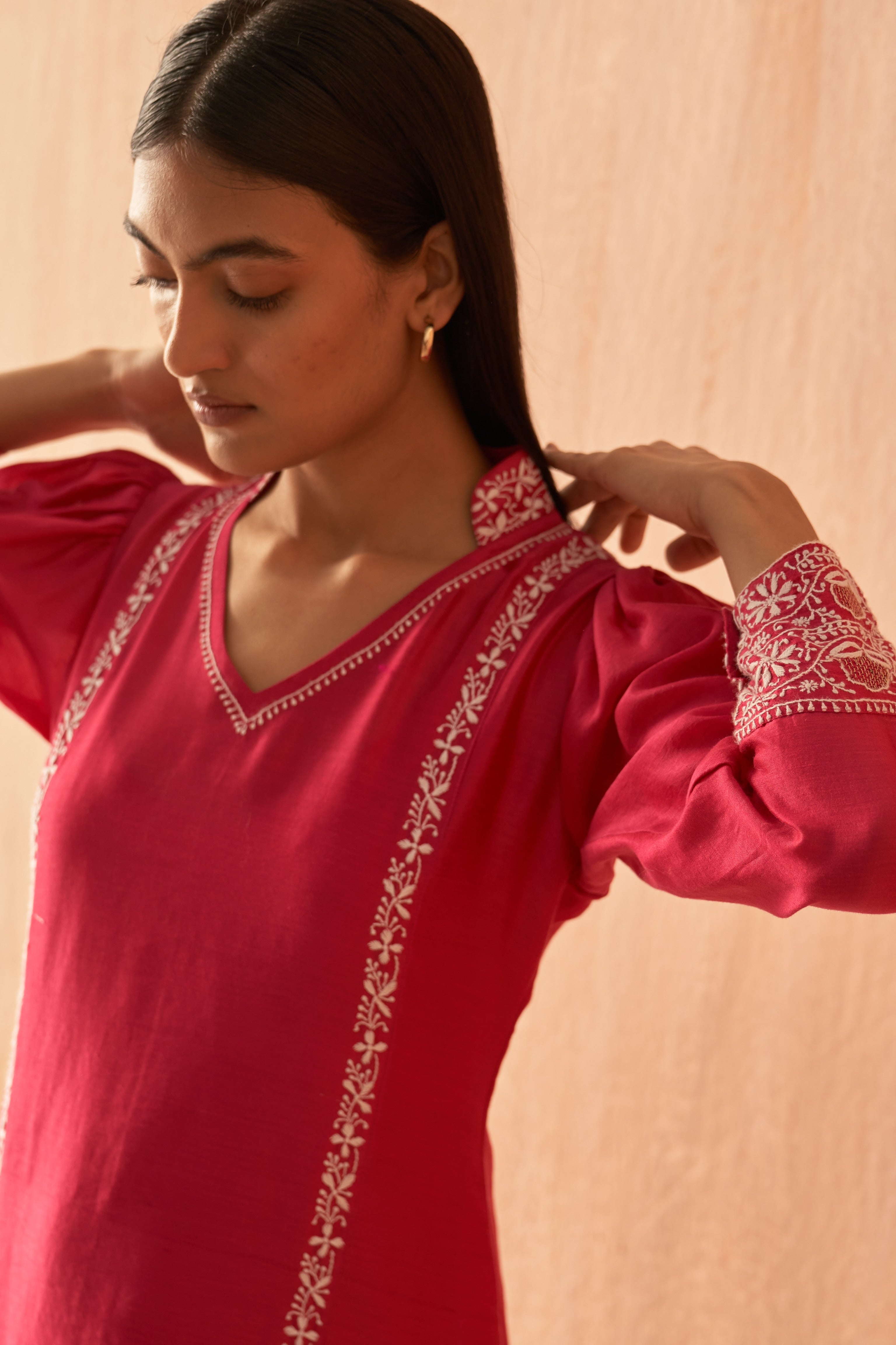 Fuschia chanderi chikankari Co-ord sets
