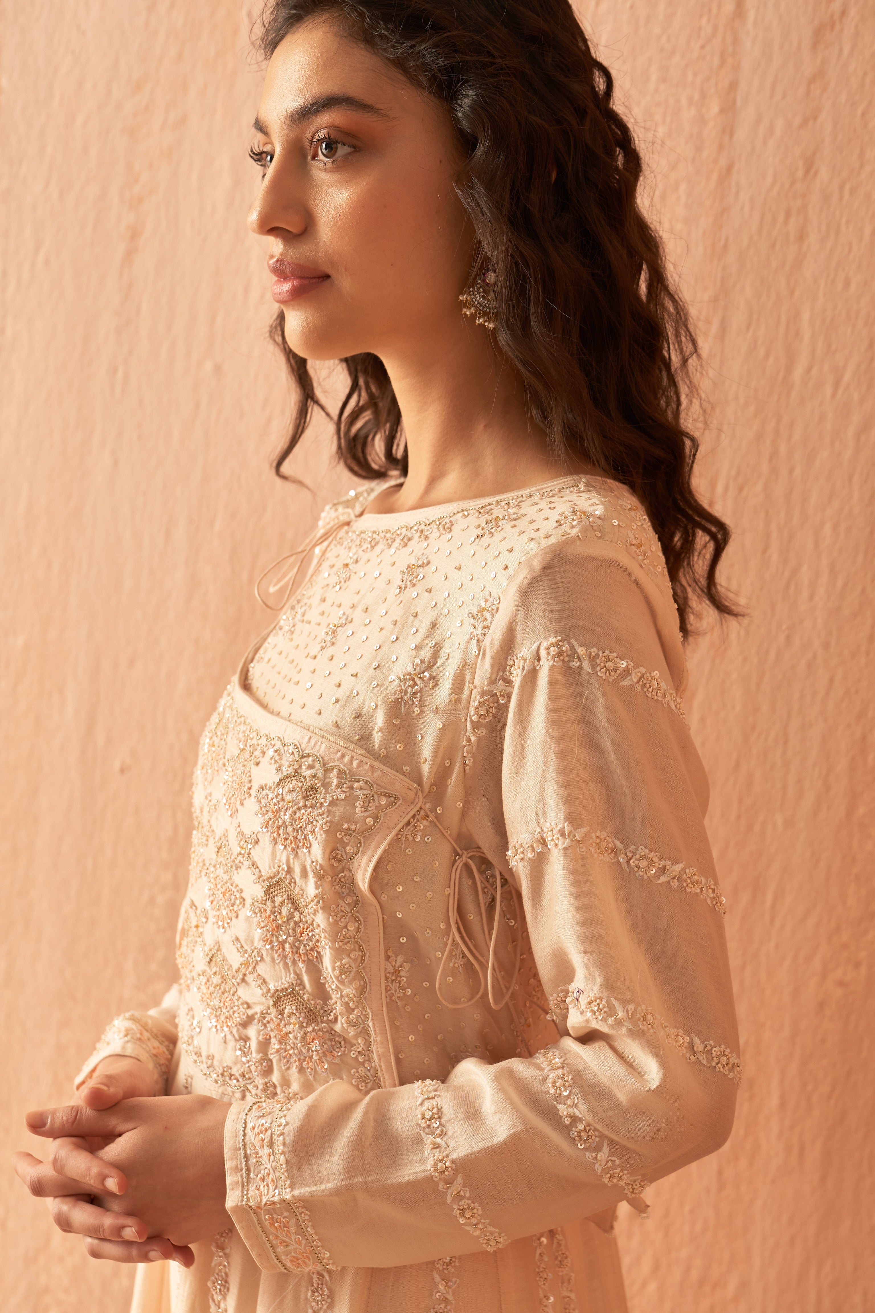Peach Chanderi Anarkali set with Zari and Chikankari