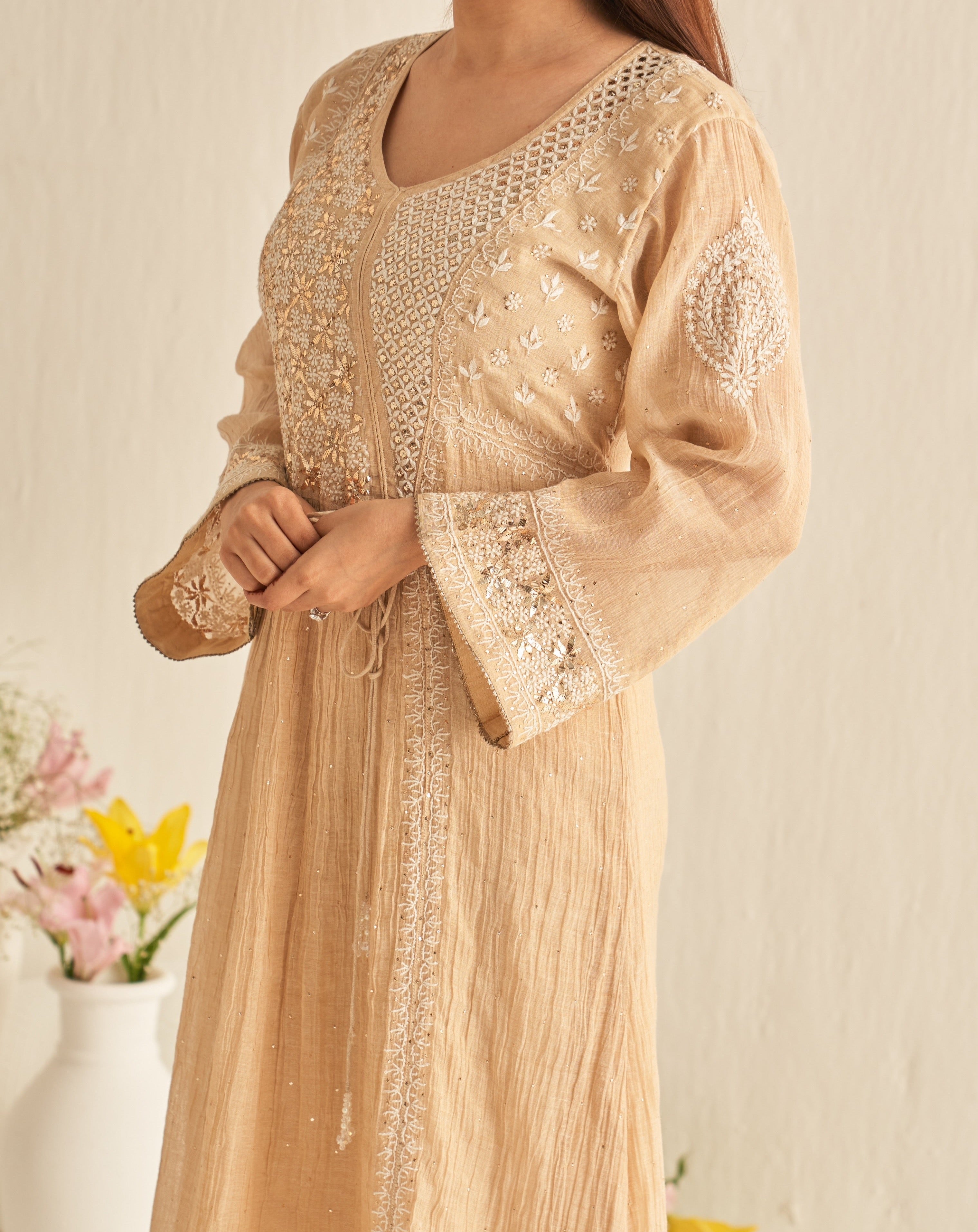 Natural gold chikankari and mukaish tunic dress