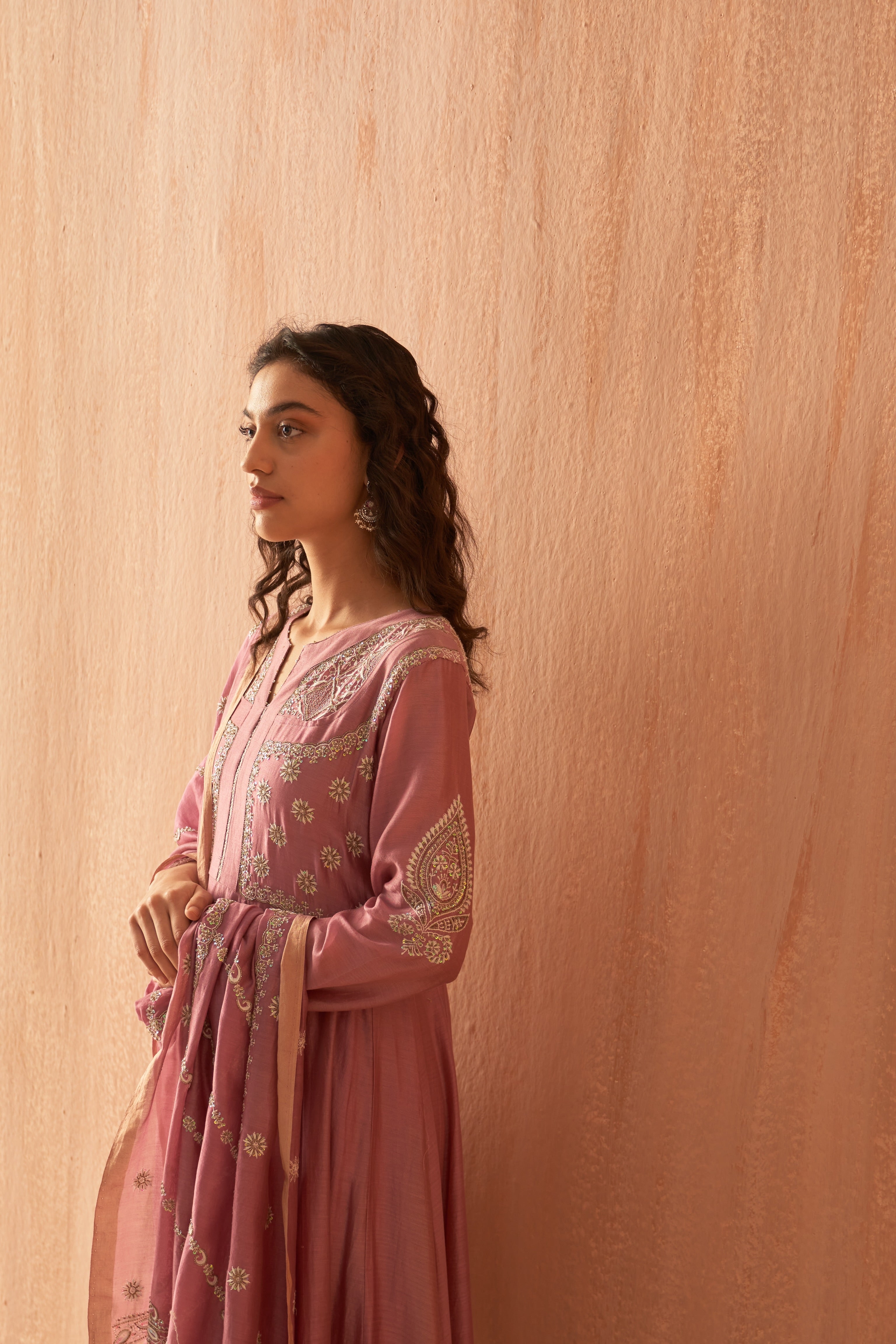 Onion Pink Chanderi chikankari anarkali set